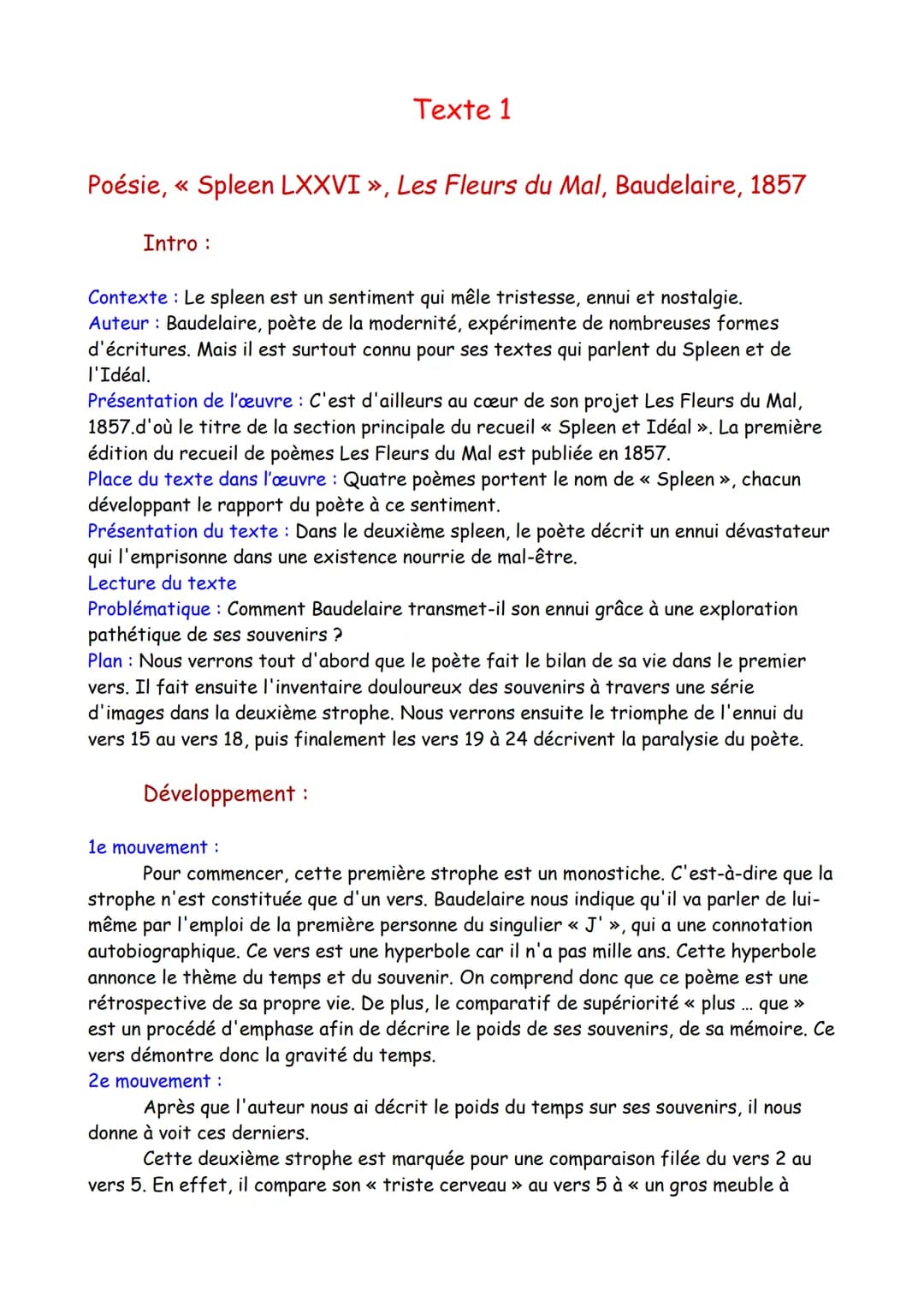Texte 1
Poésie, « Spleen LXXVI », Les Fleurs du Mal, Baudelaire, 1857
Intro:
Contexte : Le spleen est un sentiment qui mêle tristesse, ennui
