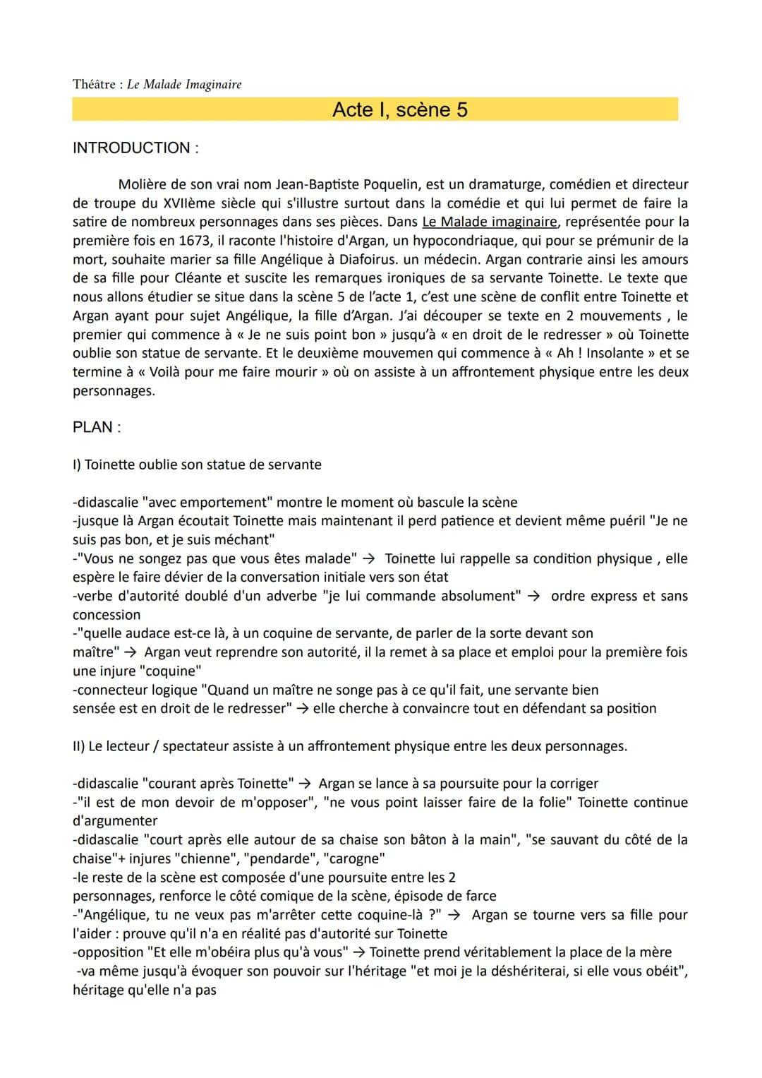 Théâtre Le Malade Imaginaire
INTRODUCTION :
Molière de son vrai nom Jean-Baptiste Poquelin, est un dramaturge, comédien et directeur
de trou