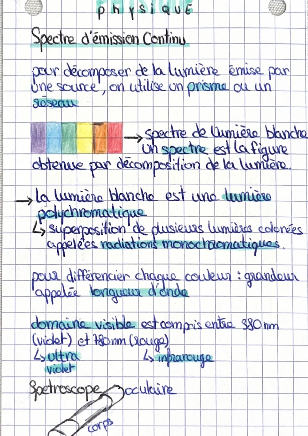 physiQUE
Spectre d'émission Continu
pour décomposer de la lumière émise par
une source, on utilise un prisme ou un
Reseau
Spectre de lumière