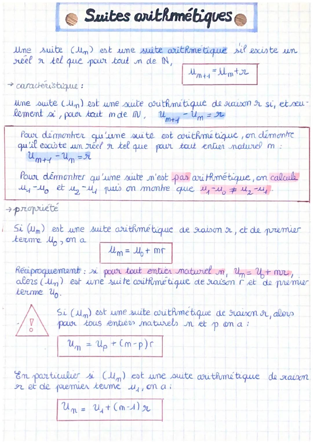 # Suites arithmétiques,

Une suite $(u_m)$ est une suite arithmétique sil existe un
réel r tel que pour tout $n$ de $IN$,

$u_{m+1} = u_m + 