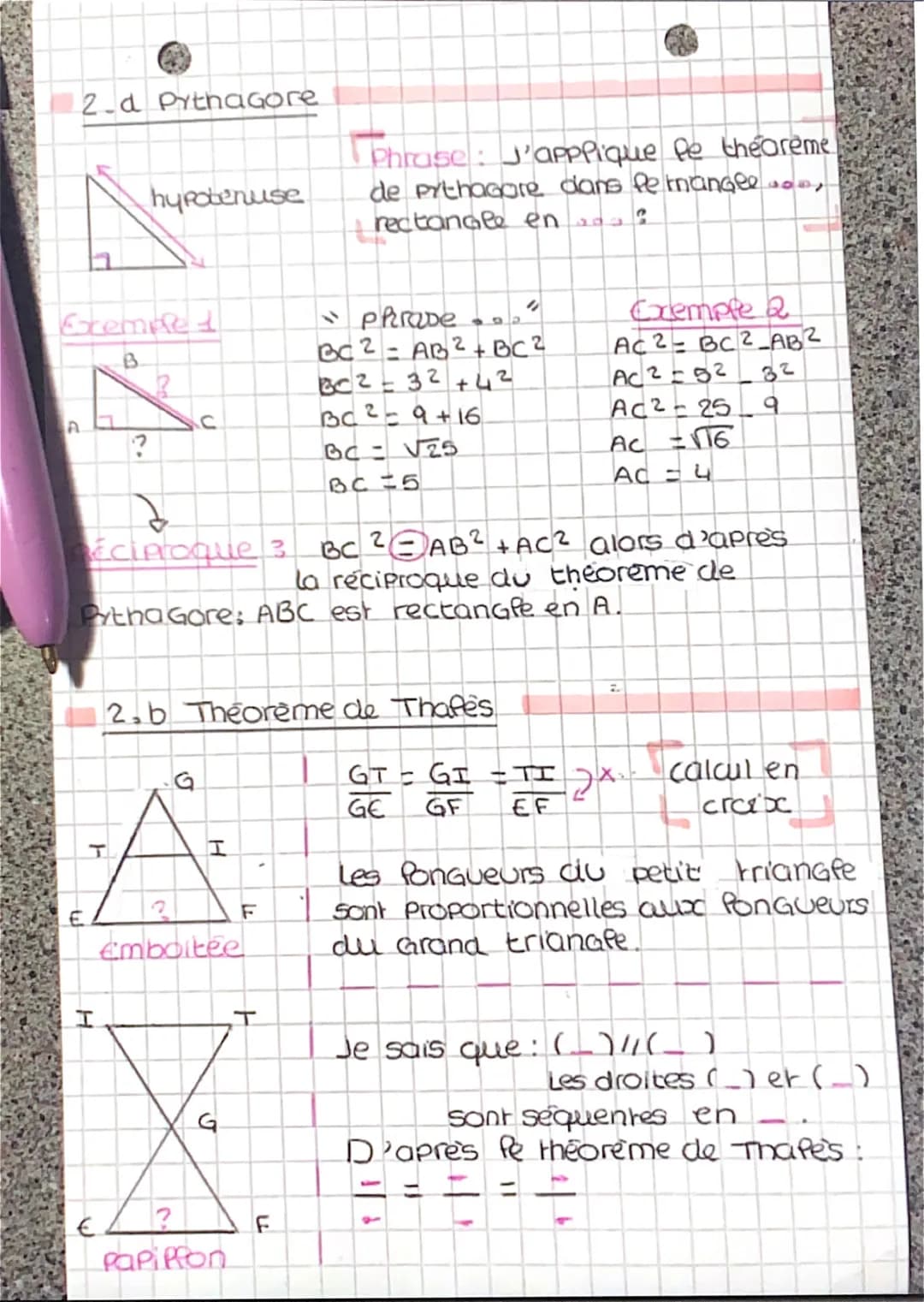 2.d Pythagore
Gremple &
A
W
hypotenuse
?
H
G
A
€
H
éciproque 3 BC ² ⒸAB ² + AC² alors d'après
la réciproque du theoreme de
Pythagore: ABC es