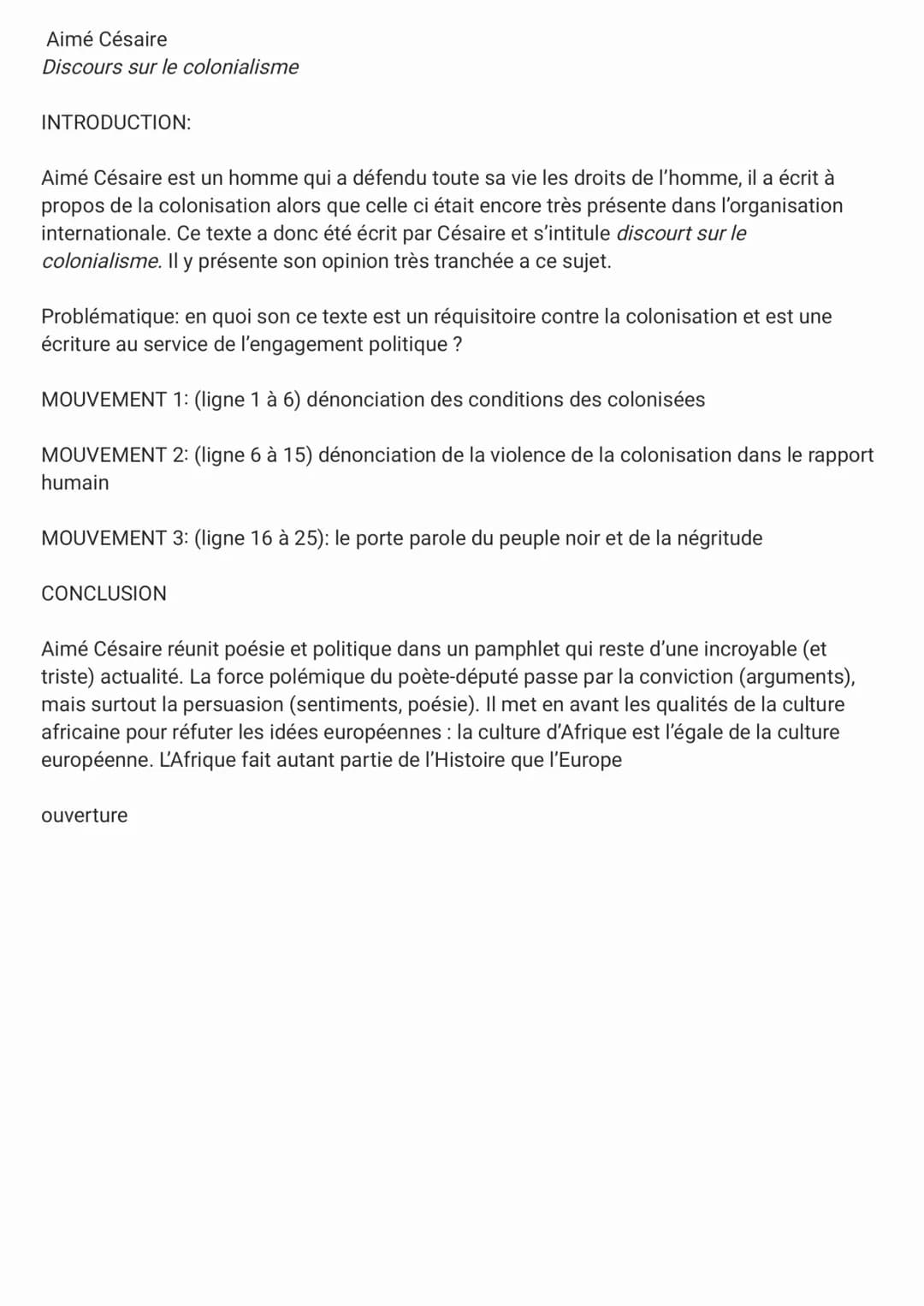 Aimé Césaire
Discours sur le colonialisme
INTRODUCTION:
Aimé Césaire est un homme qui a défendu toute sa vie les droits de l'homme, il a écr