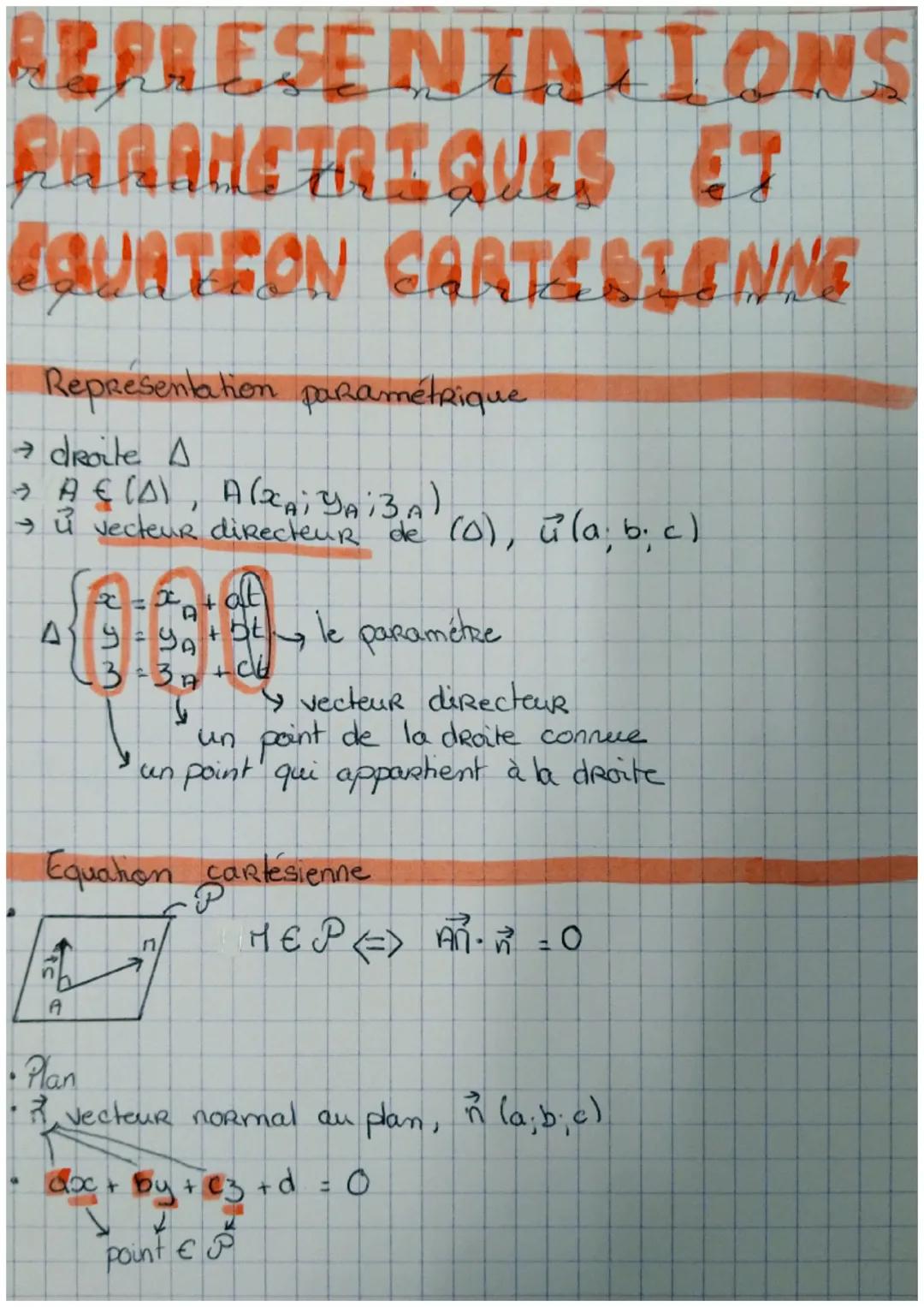 # REARESENTATIONS

# PARAMETRIQUES ET

# EQUATEON CARTES SIENNE

Representation paramétrique

→droite A

A∈(Δ), $A(x_A;y_A;3_A)$

→ $\vec{u}