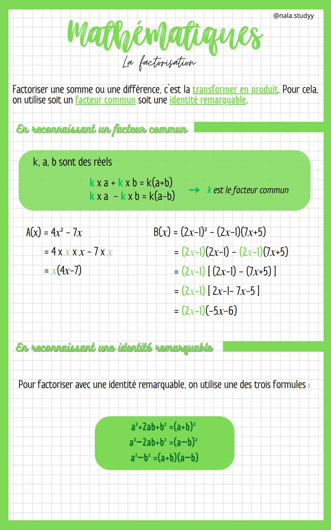 Mathématiques
La factorisation
Factoriser une somme ou une différence, c'est la transformer en produit. Pour cela,
on utilise soit un facteu