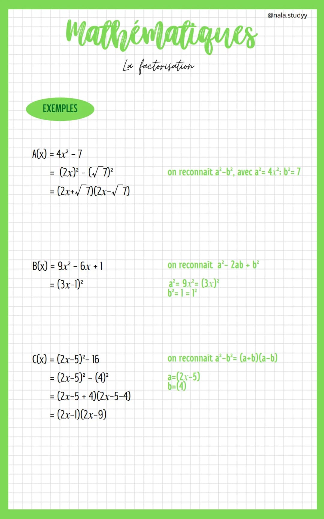 Mathématiques
La factorisation
Factoriser une somme ou une différence, c'est la transformer en produit. Pour cela,
on utilise soit un facteu