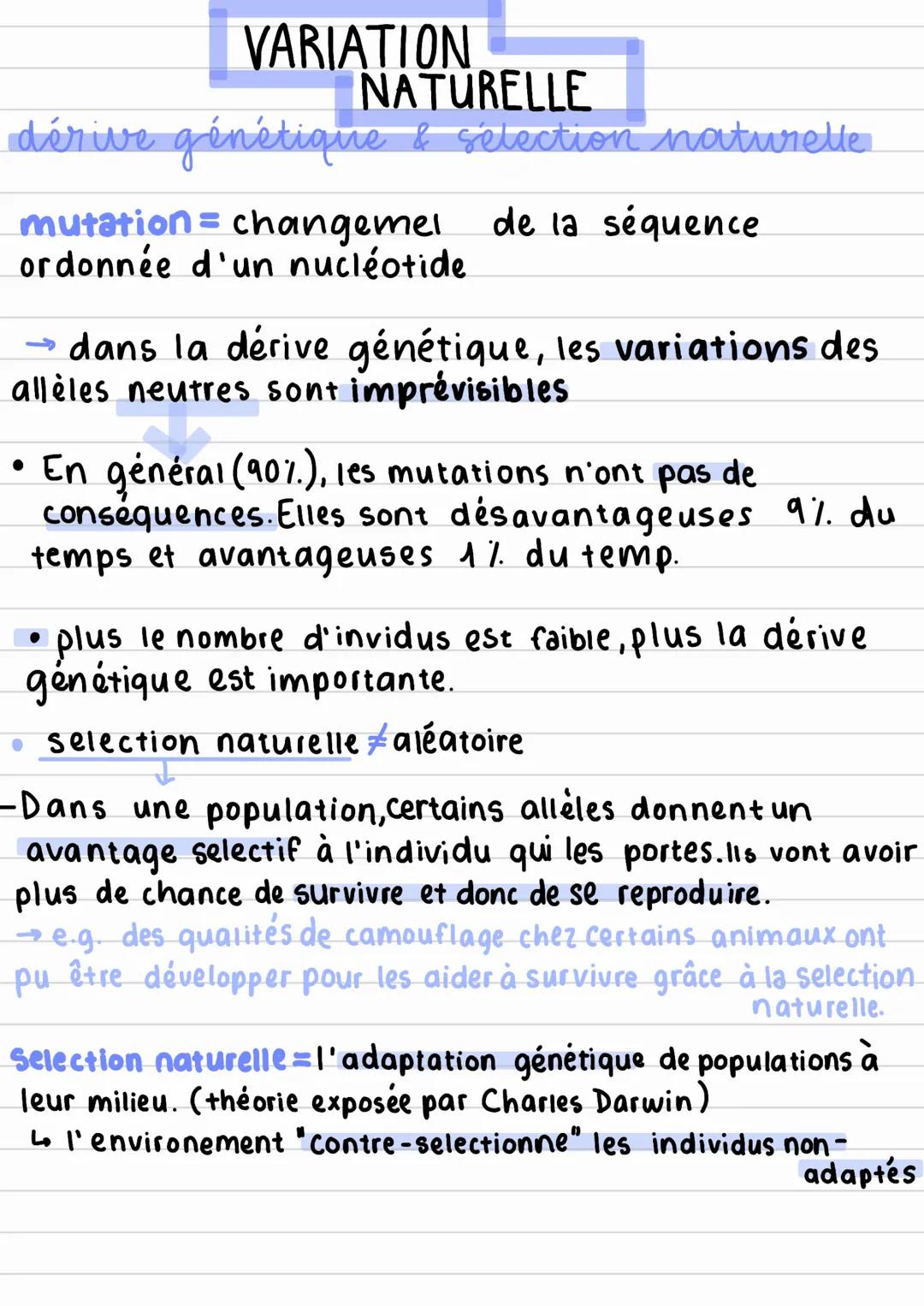 VARIATION
NATURELLE
dérive génétique & selection naturelle
mutation changemel de la séquence
ordonnée d'un nucléotide.
→ dans la dérive géné