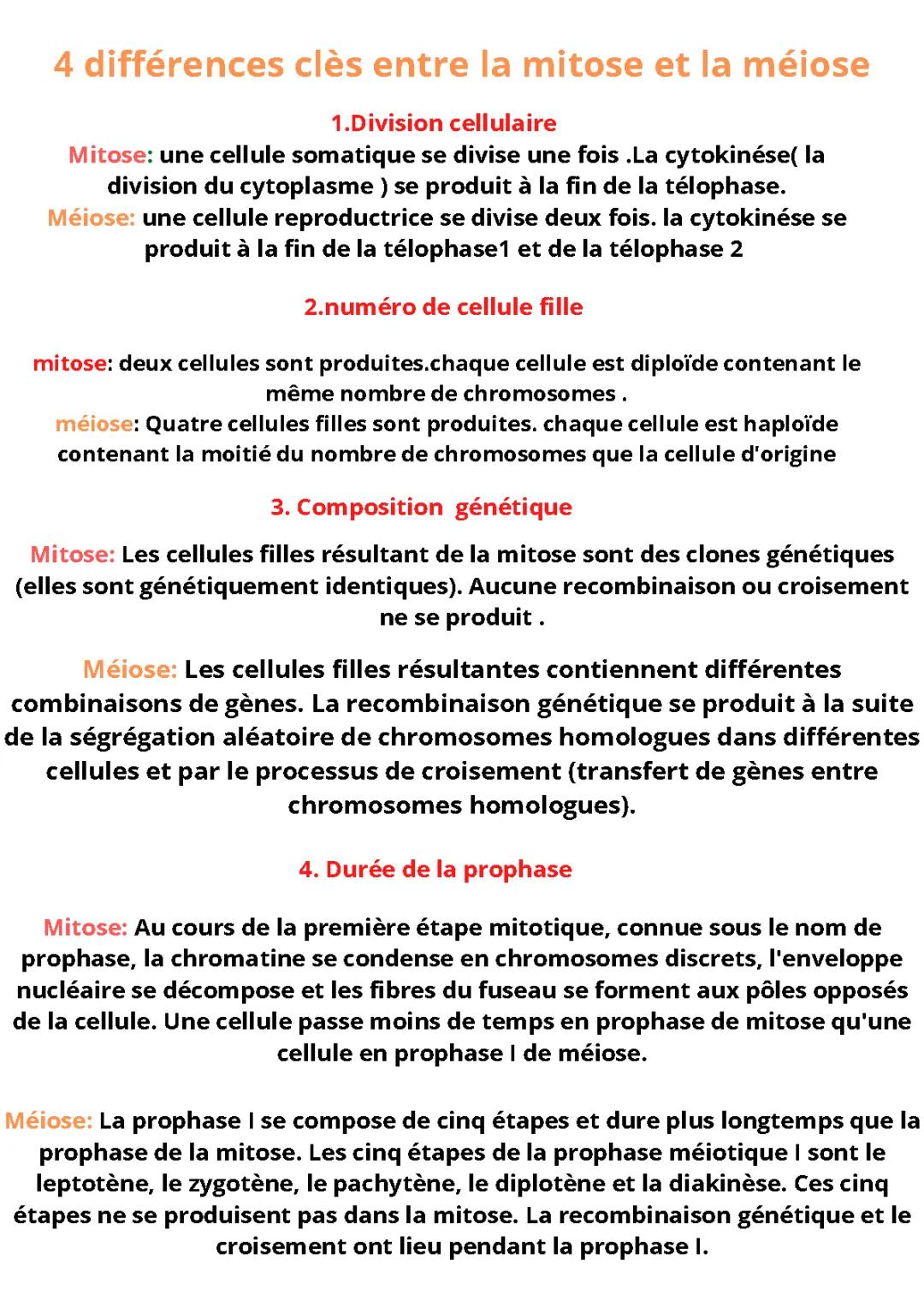 Tableau de Comparaison: Mitose vs Méiose - Différences et Points Communs, PDF et Schémas