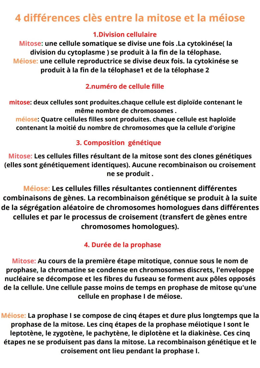 4 différences clès entre la mitose et la méiose
1.Division cellulaire
Mitose: une cellule somatique se divise une fois .La cytokinése( la
di