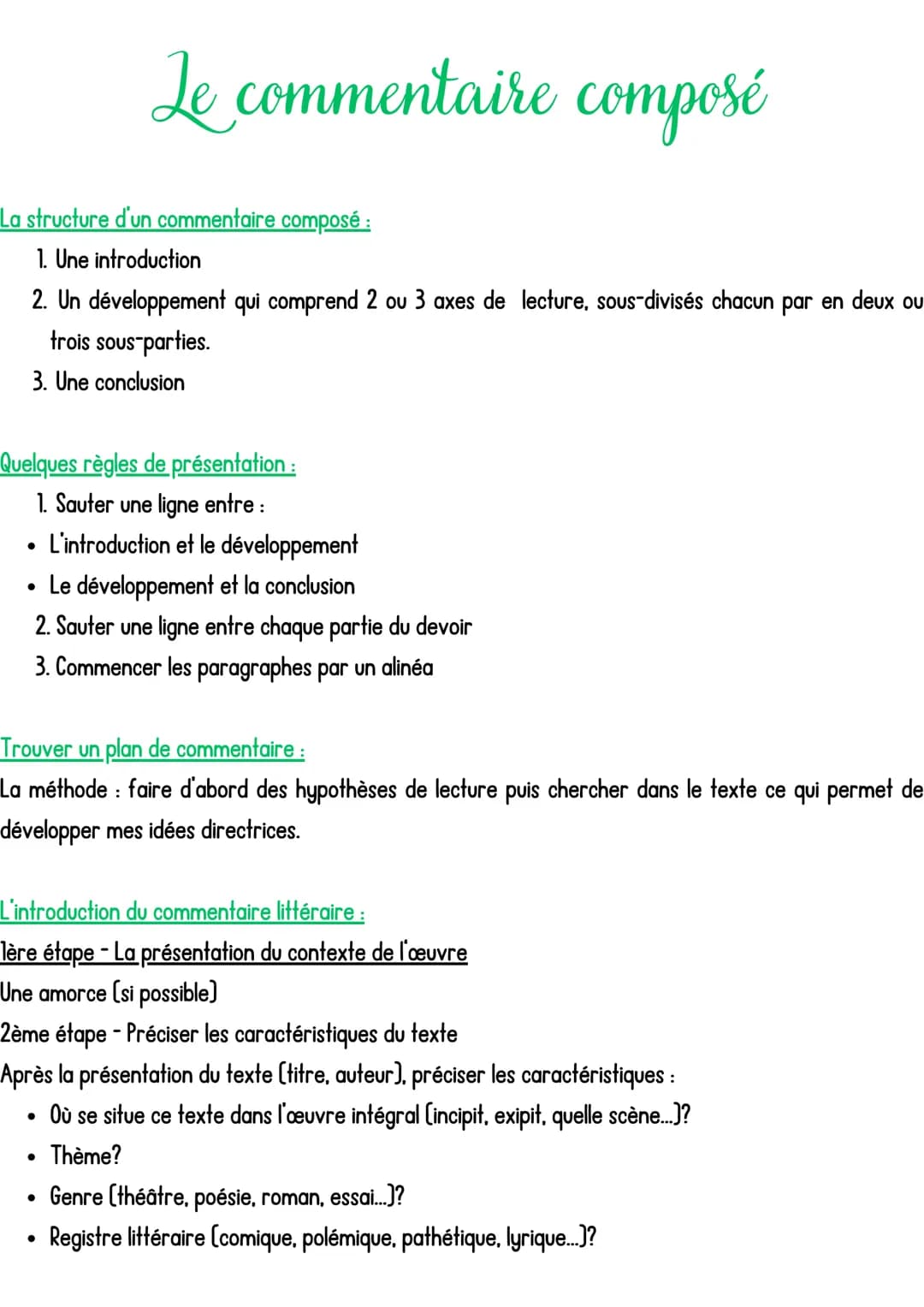 Le commentaire composé
La structure d'un commentaire composé :
1. Une introduction
2. Un développement qui comprend 2 ou 3 axes de lecture, 