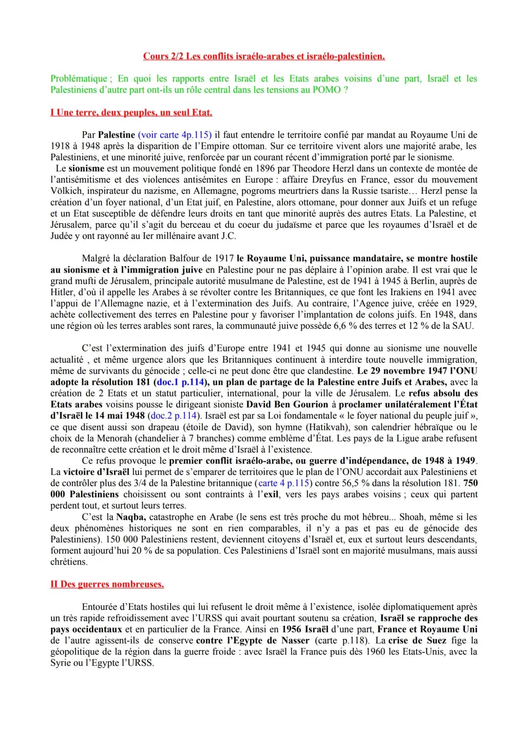 Histoire. Thème II/III. Chapitre 3/3. Le Proche et le Moyen Orient, un foyer de conflit depuis la fin de
la Seconde Guerre mondiale.
Cours 1