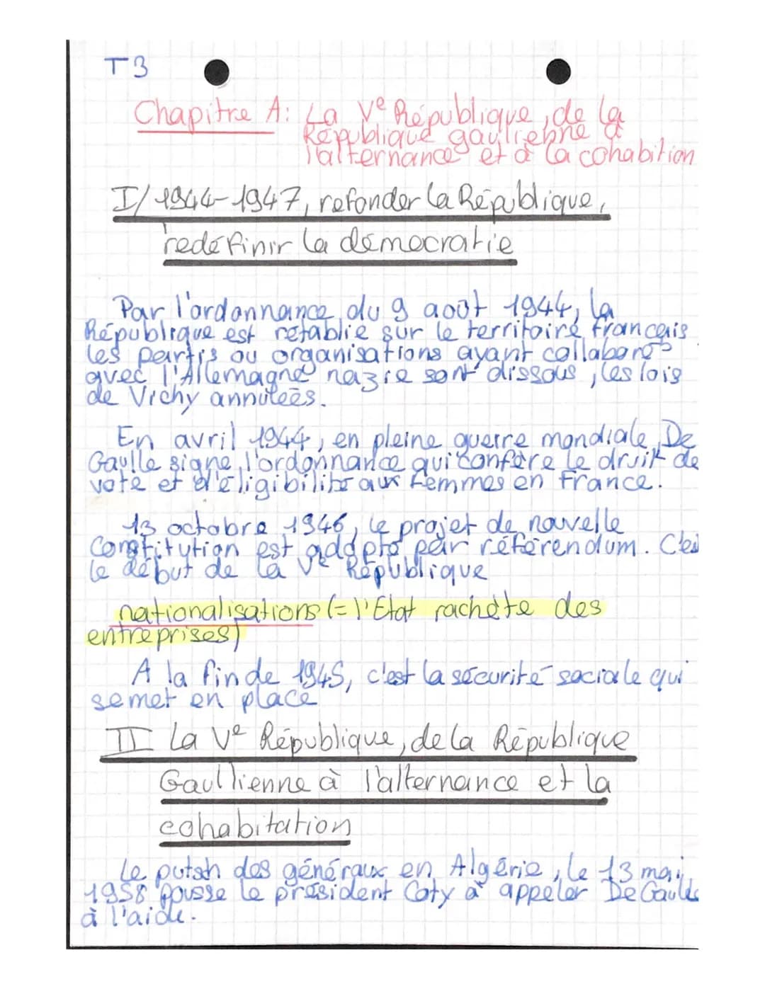 d
T3
Chapitre A: La Ve République, de la
Talternance et à la cohabition
I/ 1944-1947, refonder la République,
redéfinir la démocratie
ncais
