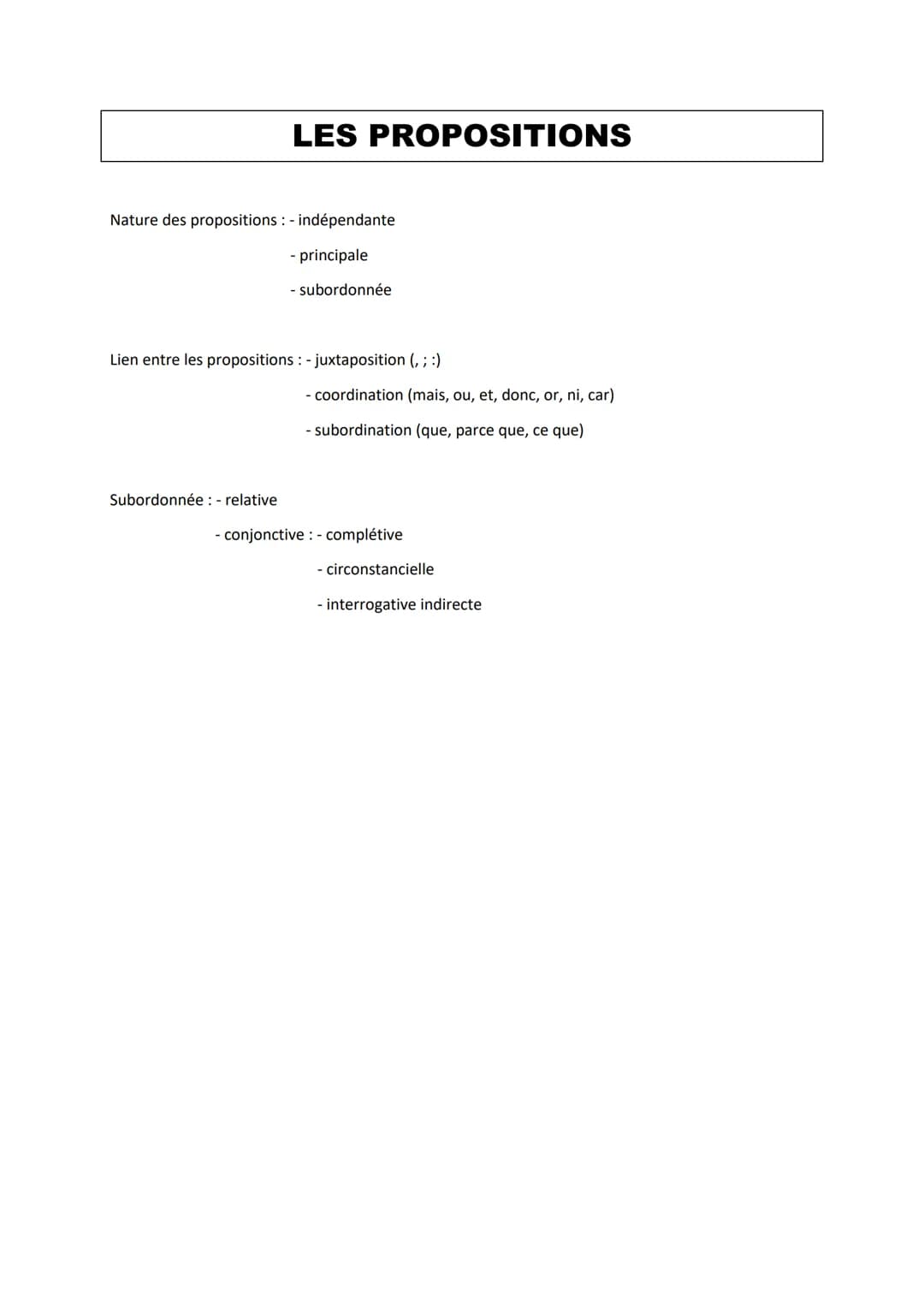 LES PROPOSITIONS
Nature des propositions: - indépendante
- principale
- subordonnée
Lien entre les propositions: - juxtaposition (, ; :)
Sub