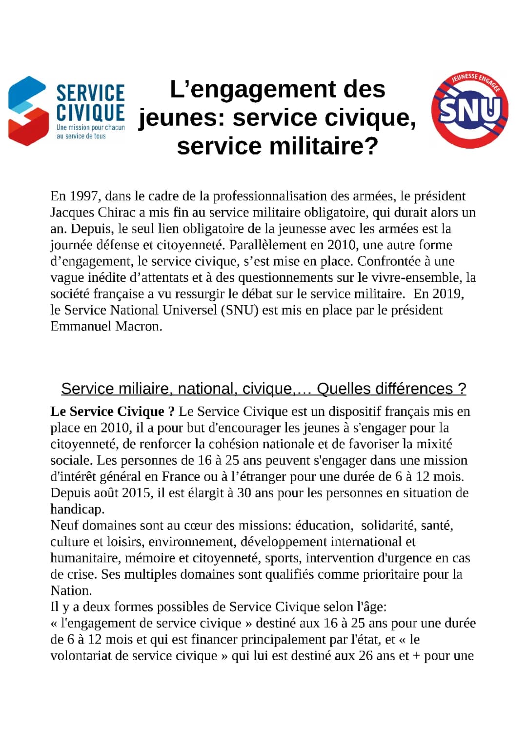 Différences entre service civique et service militaire: L'engagement des jeunes pour l'intérêt général en France