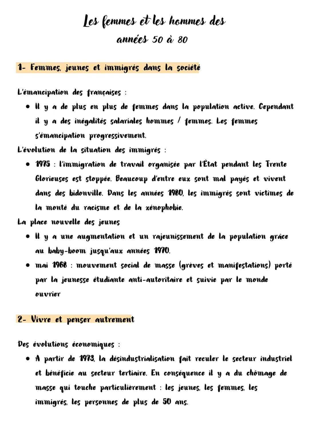 Les femmes et les hommes des
années 50 à 80
1- Femmes, jeunes et immigrés dans la société
L'émancipation des françaises :
• Il y a de plus e