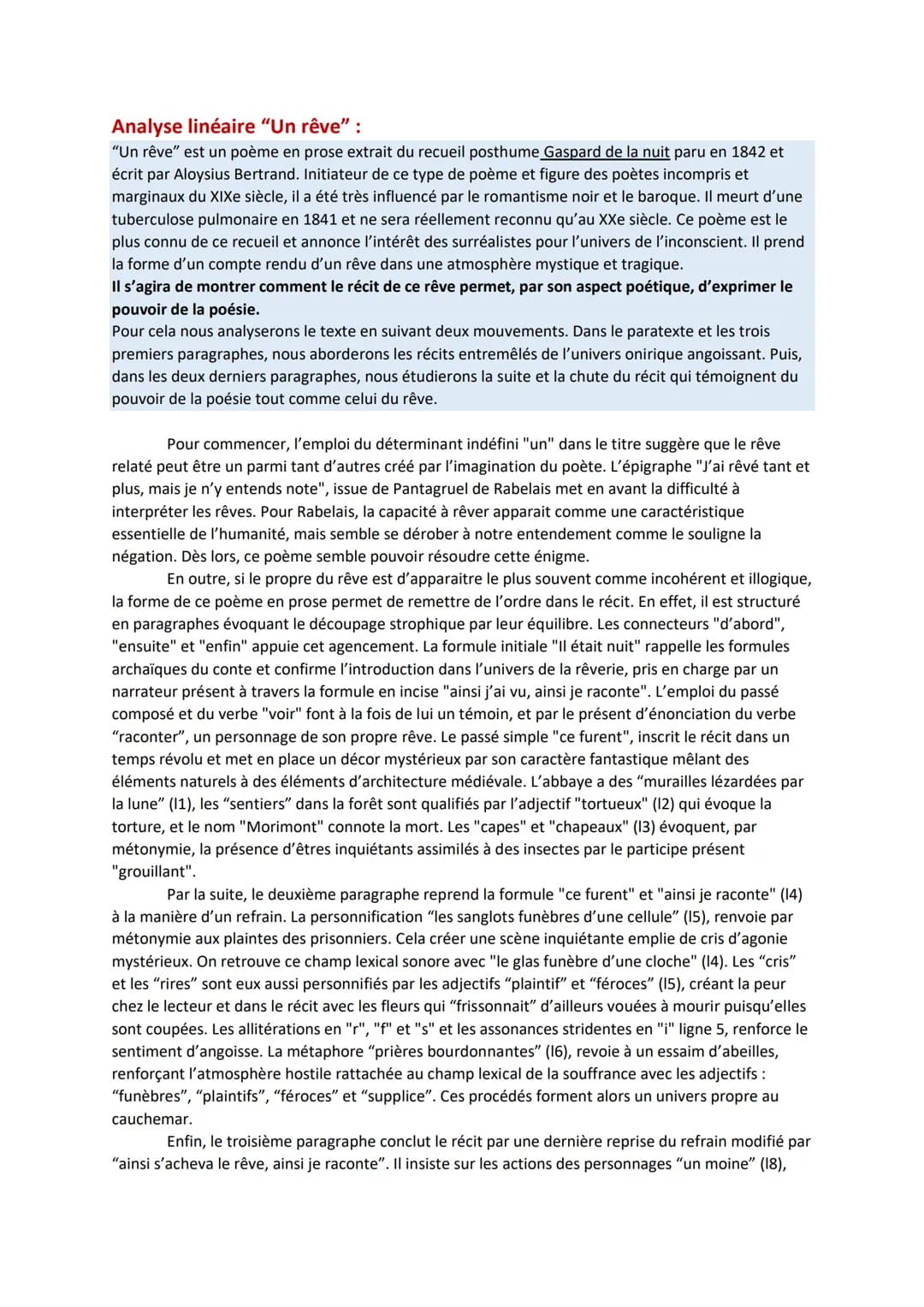 Analyse linéaire "Un rêve":
"Un rêve” est un poème en prose extrait du recueil posthume Gaspard de la nuit paru en 1842 et
écrit par Aloysiu
