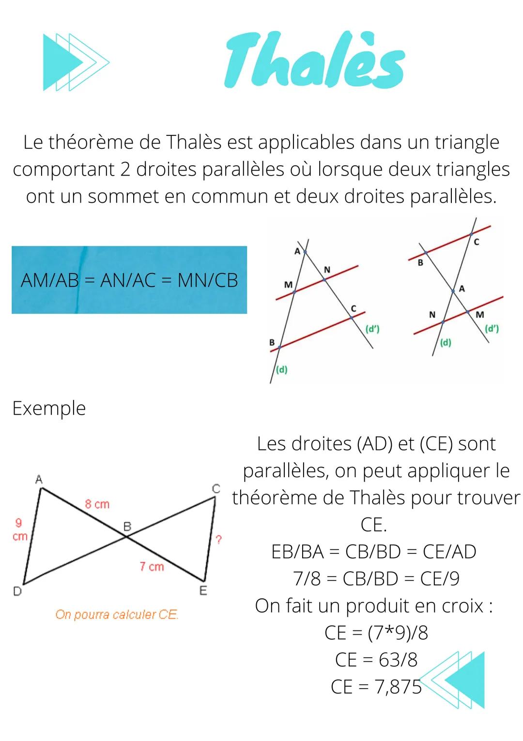 Thales
Le théorème de Thalès est applicables dans un triangle
comportant 2 droites parallèles où lorsque deux triangles
ont un sommet en com