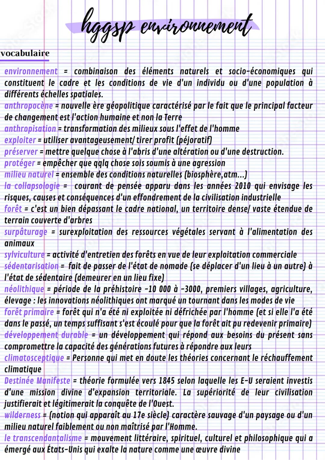 hggsp environnement
vocabulaire
environnement combinaison des éléments naturels et socio-économiques qui
constituent le cadre et les conditi