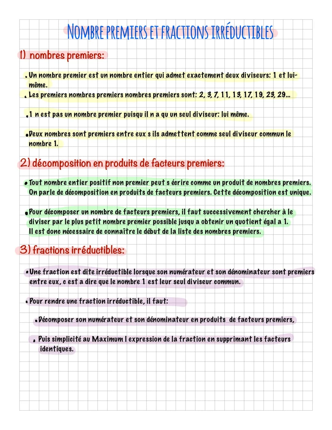 NOMBRE PREMIERS ET FRACTIONS IRRÉDUCTIBLES
1) nombres premiers:
. Un nombre premier est un nombre entier qui admet exactement deux diviseurs