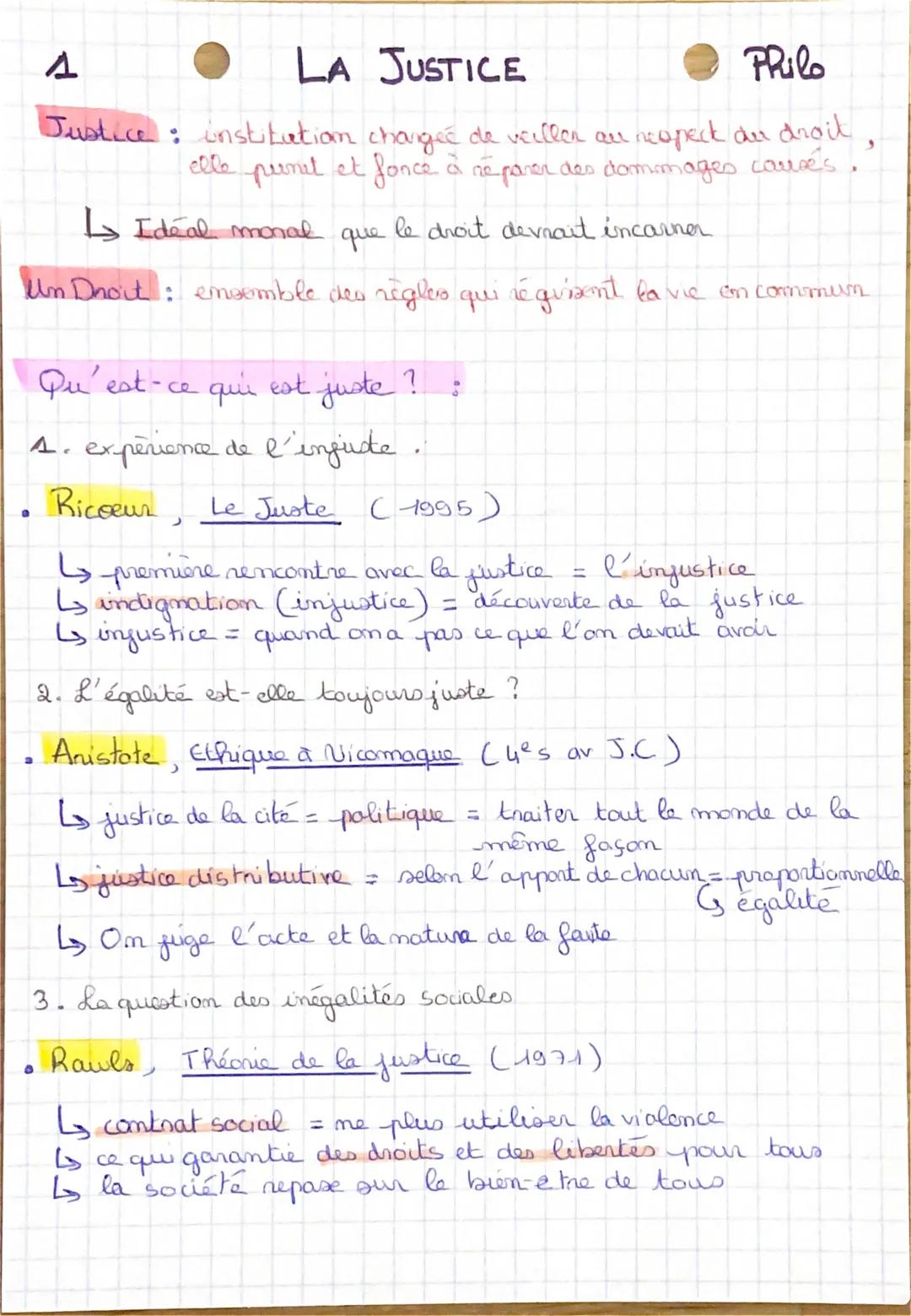 # LA JUSTICE

Philo

Justice: institution changée de veillen an neopect du droit,
elle punet et fonce à réparer des dommages causes

↳ Idéal