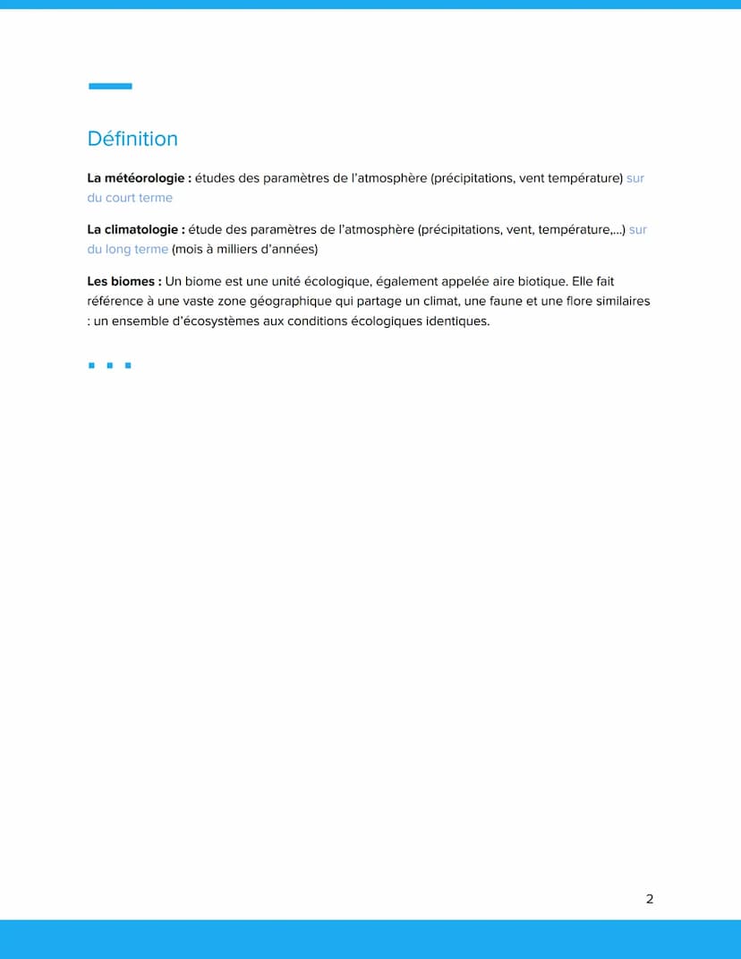 
<p>La météorologie est l'étude des paramètres de l'atmosphère (précipitations, vent, température) sur du court terme. Cela inclut l'analyse