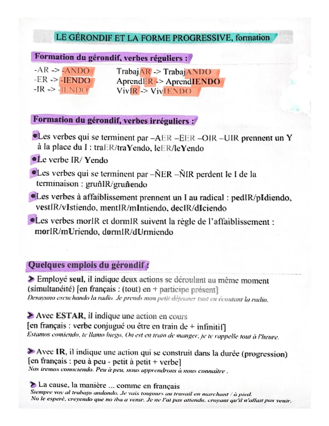 LE GÉRONDIF ET LA FORME PROGRESSIVE, formation
Formation du gérondif, verbes réguliers :
-AR-> ANDO
-ERIENDO
-IR-> ENDO
TrabajAR TrabajANDO
