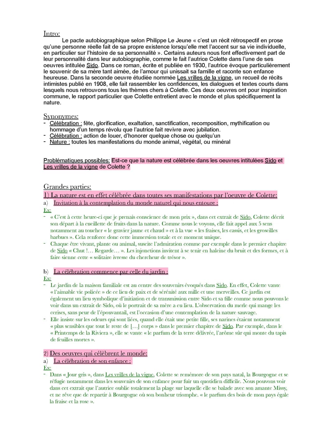 plans de dissertation possibles sur sido et les vrilles de la vigne
