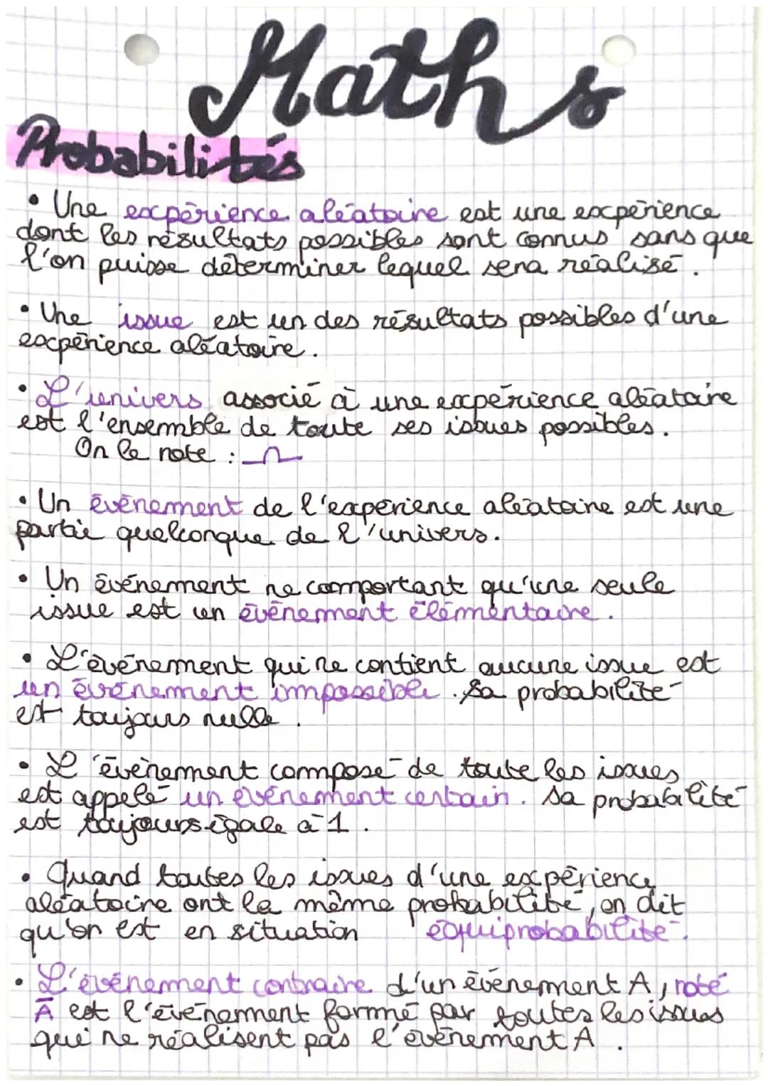 Maths
Probabilités
• Une expérience aléatoire est une expérience
dont les résultats possibles sont connus sans que
l'on puisse déterminer le