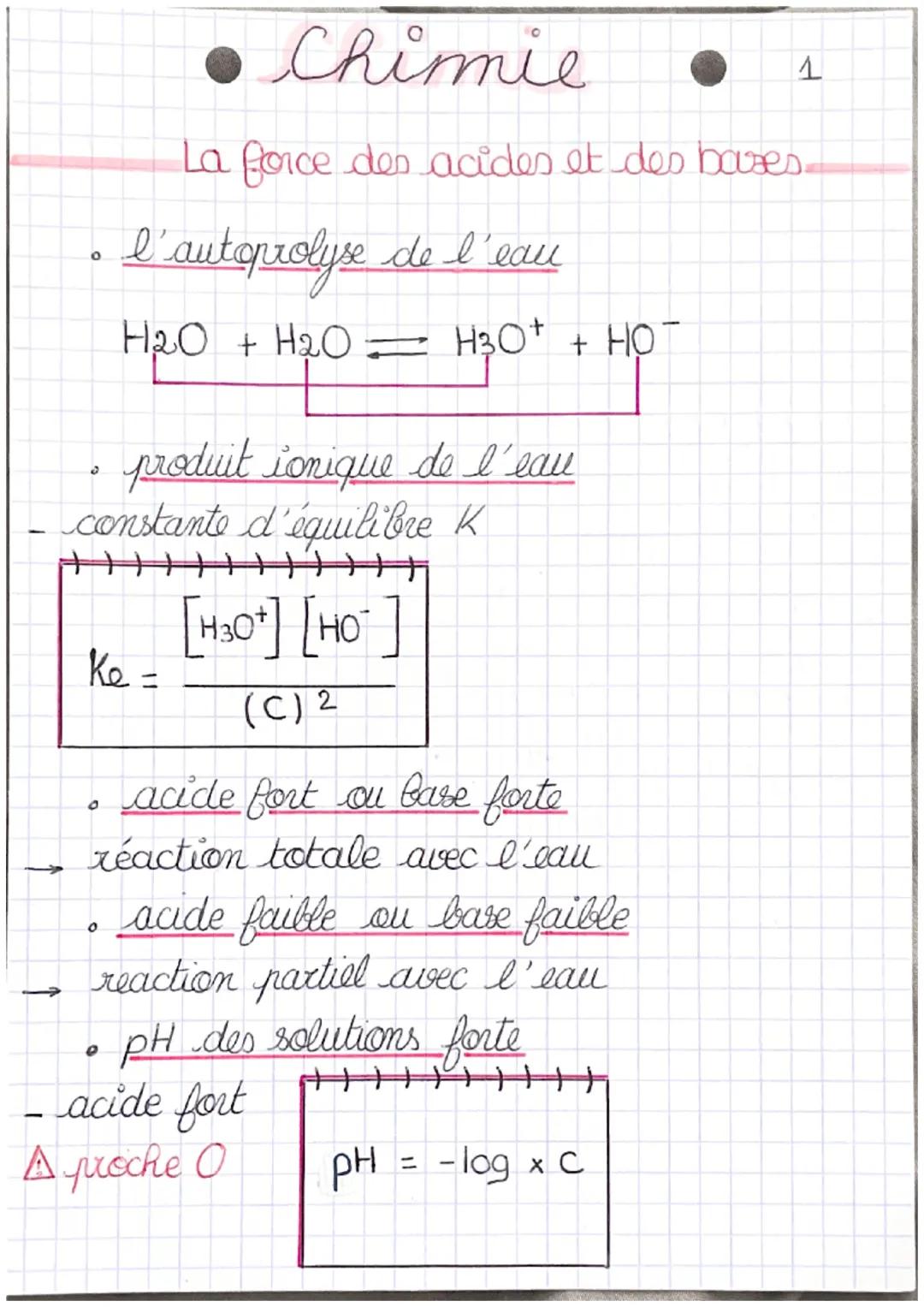 0
constante d'équilibre K
{}||||||||||
[H3O+] [HO]
O
● Chimie
La force des acides et des bases.
l'autoprolyse de l'eau
H₂O + H₂O → H3O+ + HO