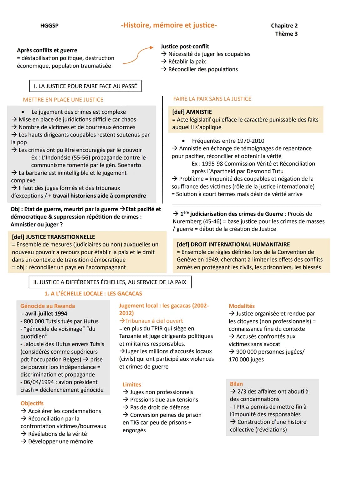HGGSP
Après conflits et guerre
= déstabilisation politique, destruction
économique, population traumatisée
-Histoire, mémoire et justice-
I.