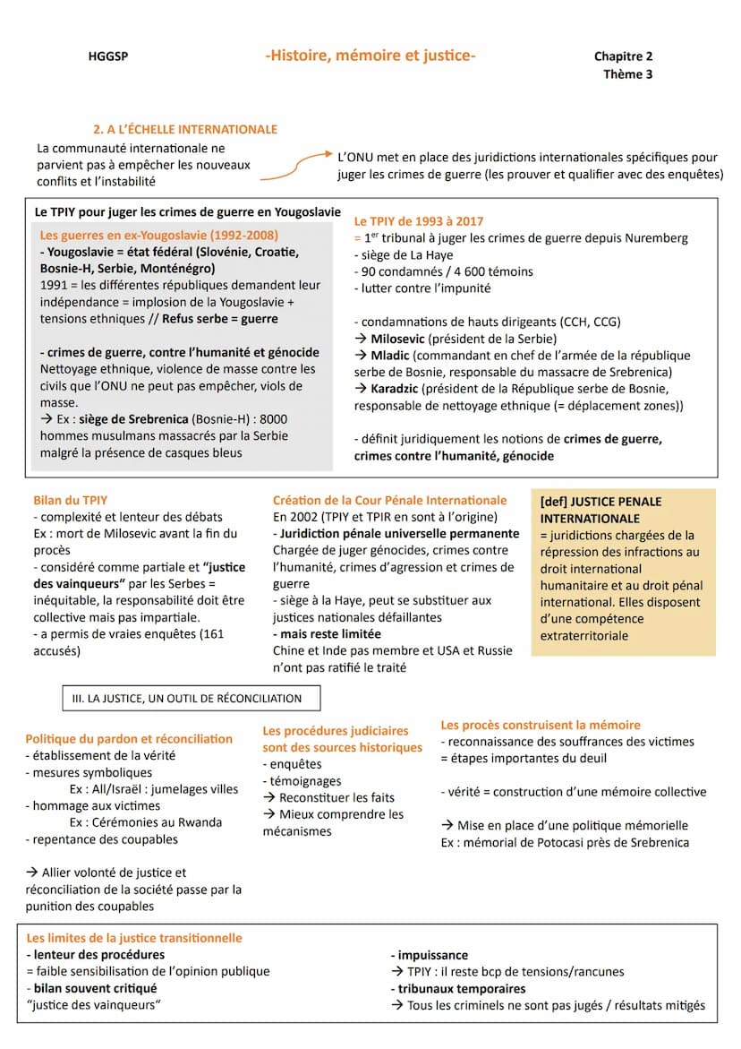 HGGSP
Après conflits et guerre
= déstabilisation politique, destruction
économique, population traumatisée
-Histoire, mémoire et justice-
I.