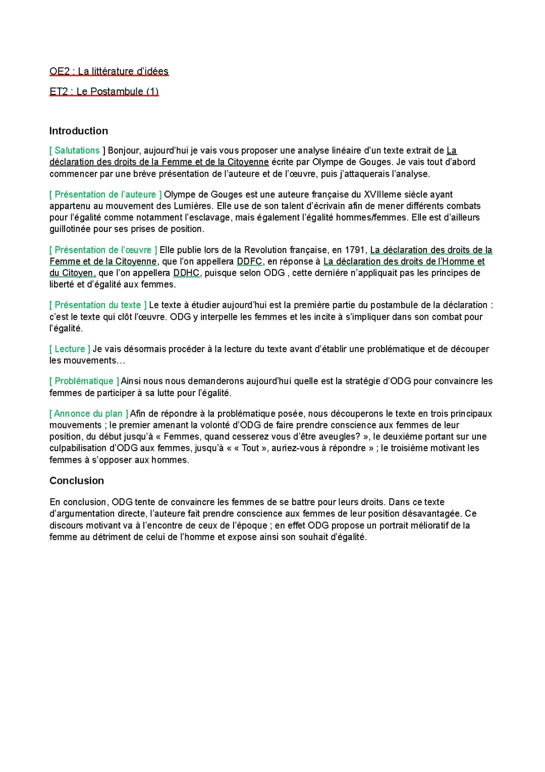  analyse linéaire introduction et conclusion préambule partie 1 DDFC Olympe de Gouges bac français 