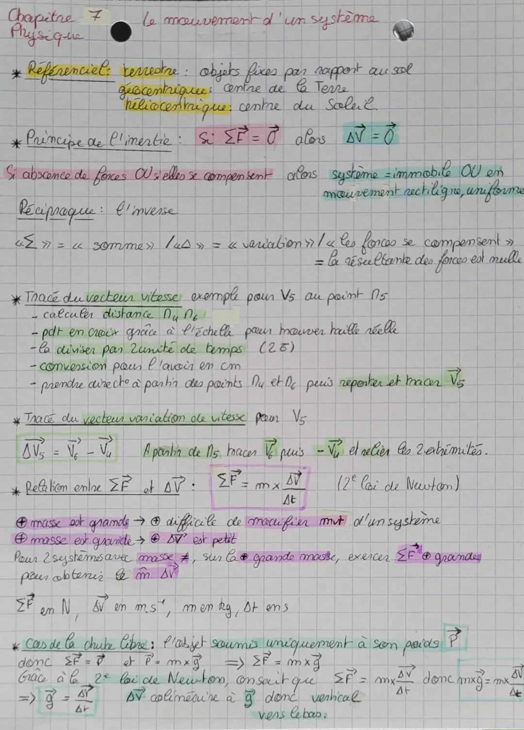 Chapitre 7
Physique
le mouvement d'un système
* Référenciel: terrestre : objets fixes par rapport au sol
geocentriquee. centre de la Terre
h