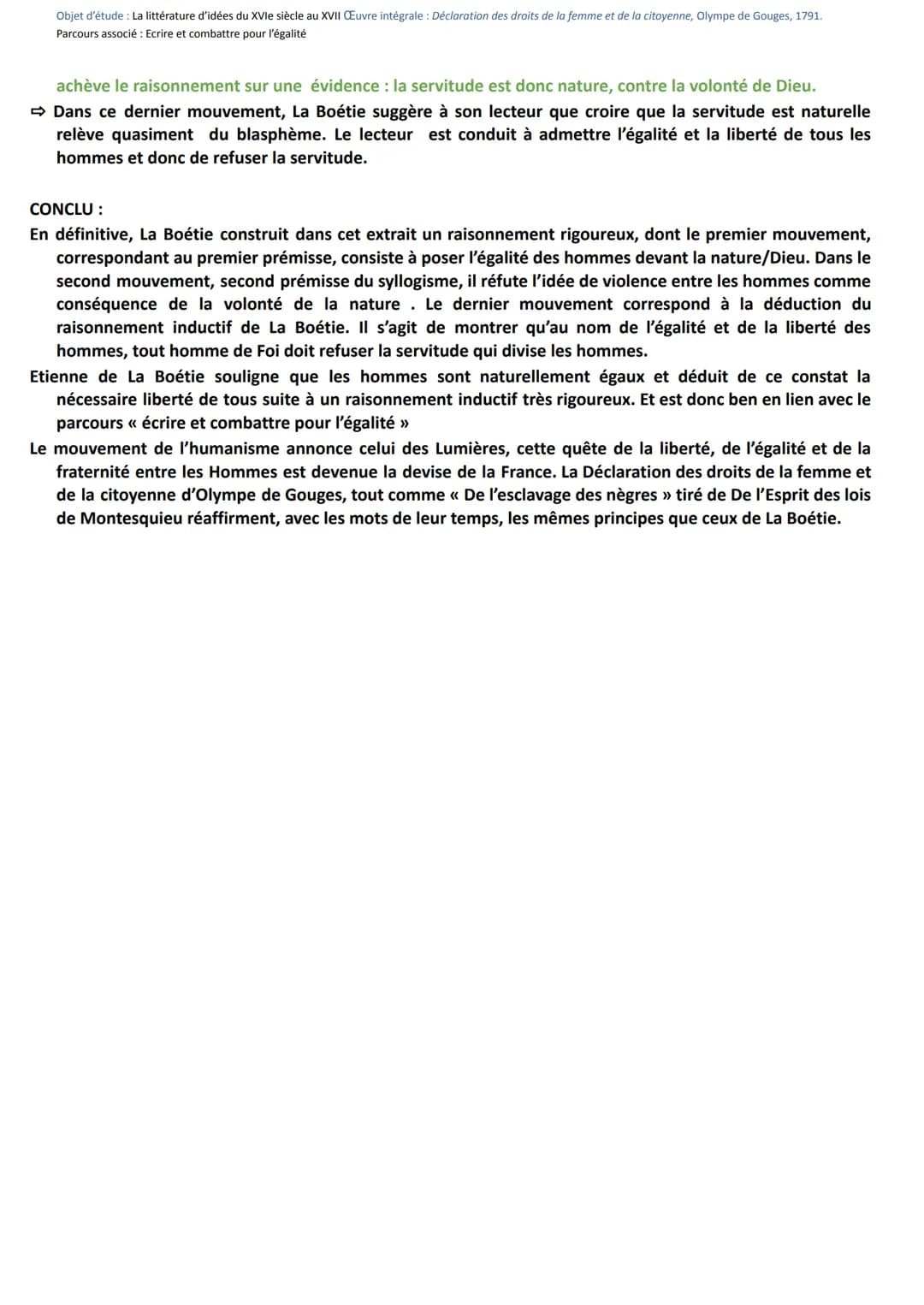 Objet d'étude: La littérature d'idées du XVIe siècle au XVII Œuvre intégrale : Déclaration des droits de la femme et de la citoyenne, Olympe