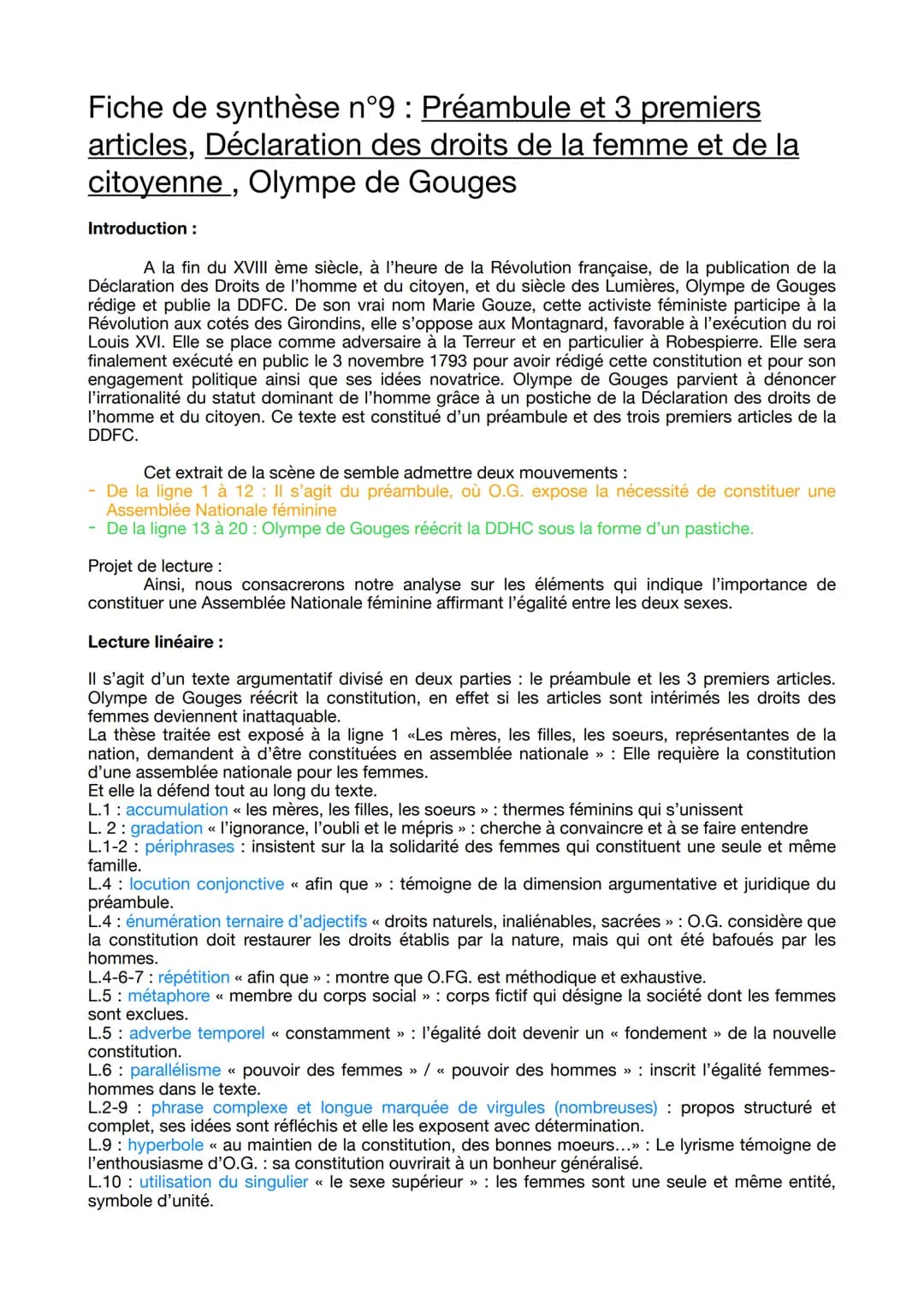 Fiche de synthèse nº9 : Préambule et 3 premiers
articles, Déclaration des droits de la femme et de la
citoyenne, Olympe de Gouges
Introducti