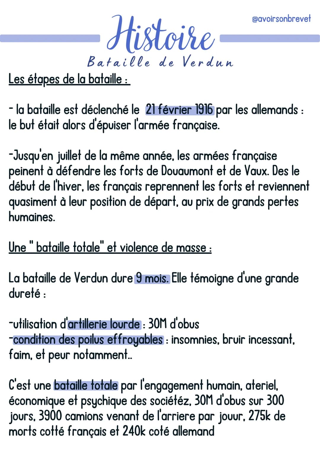 Histoire
Bataille de Verdun
Les étapes de la bataille :
@avoirsonbrevet
- la bataille est déclenché le 21 février 1916 par les allemands:
le