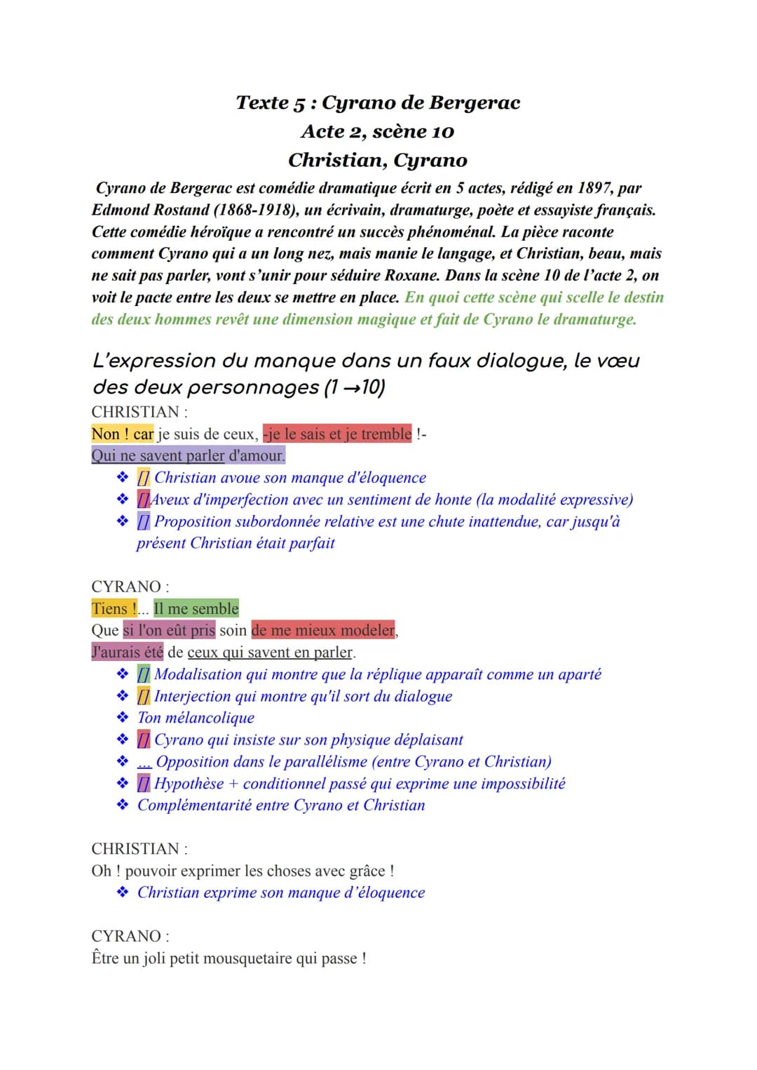 Texte 5: Cyrano de Bergerac
Acte 2, scène 10
Christian, Cyrano
Cyrano de Bergerac est comédie dramatique écrit en 5 actes, rédigé en 1897, p