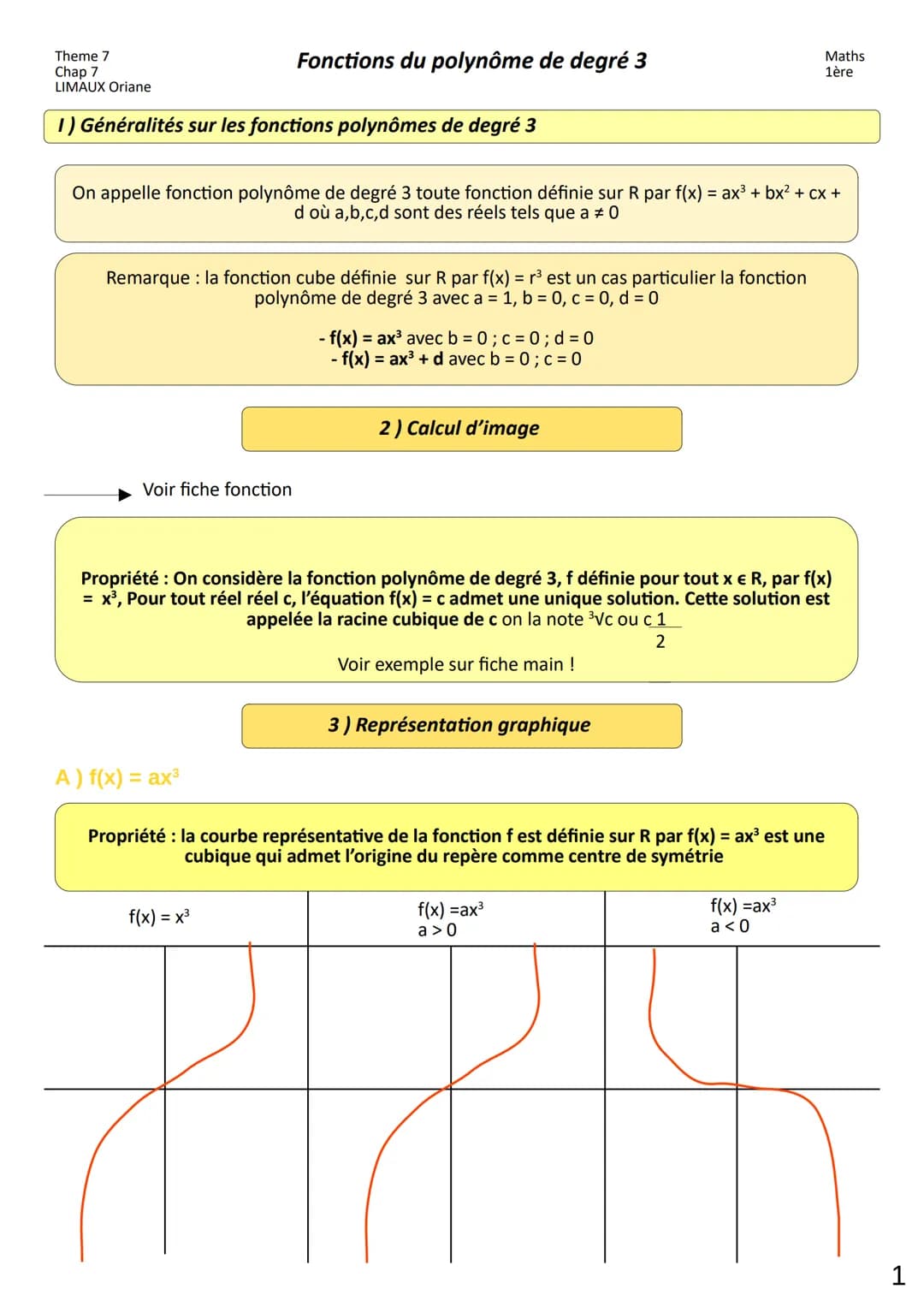 Theme 7
Chap 7
LIMAUX Oriane
1) Généralités sur les fonctions polynômes de degré 3
Fonctions du polynôme de degré 3
On appelle fonction poly