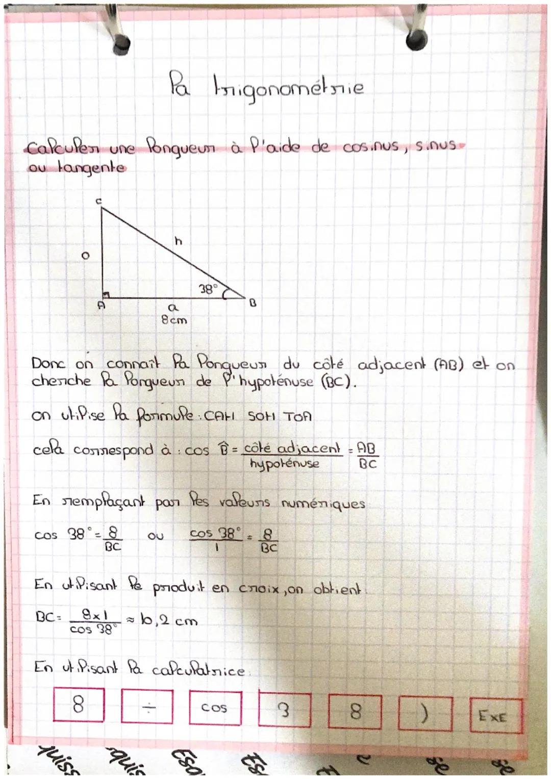 Pa brigonométrie
Calculer une longueur à l'aide de cosinus, sinus-
ou tangente
O
с
A
quiss
E
a
8cm
Donc on connaît Pa Pongueur du côté adjac