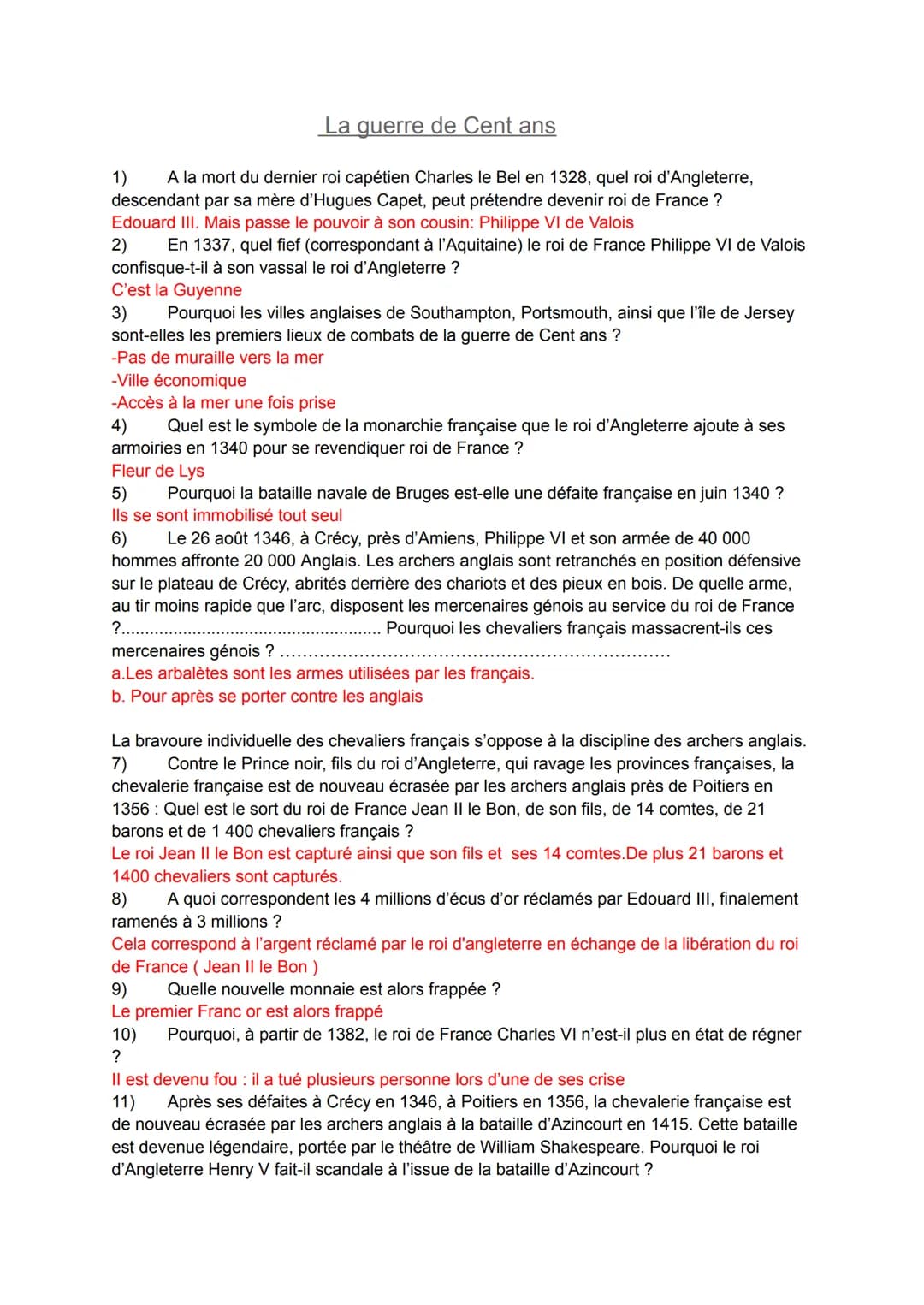 La guerre de Cent ans
1) A la mort du dernier roi capétien Charles le Bel en 1328, quel roi d'Angleterre,
descendant par sa mère d'Hugues Ca
