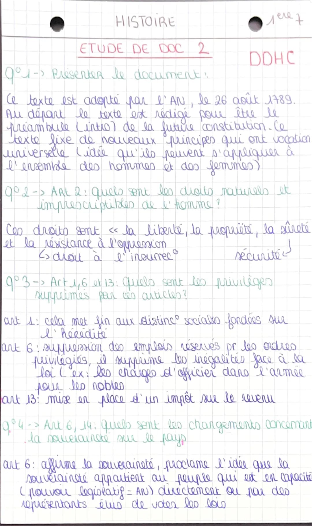 HISTOIRE
ETUDE DE DOC 2
gou-s
-> Présenter le document:
леге 7
DDHC
Ce texte est adopté par l'AN, le 26 août 1789.
Au départ le texte est ré