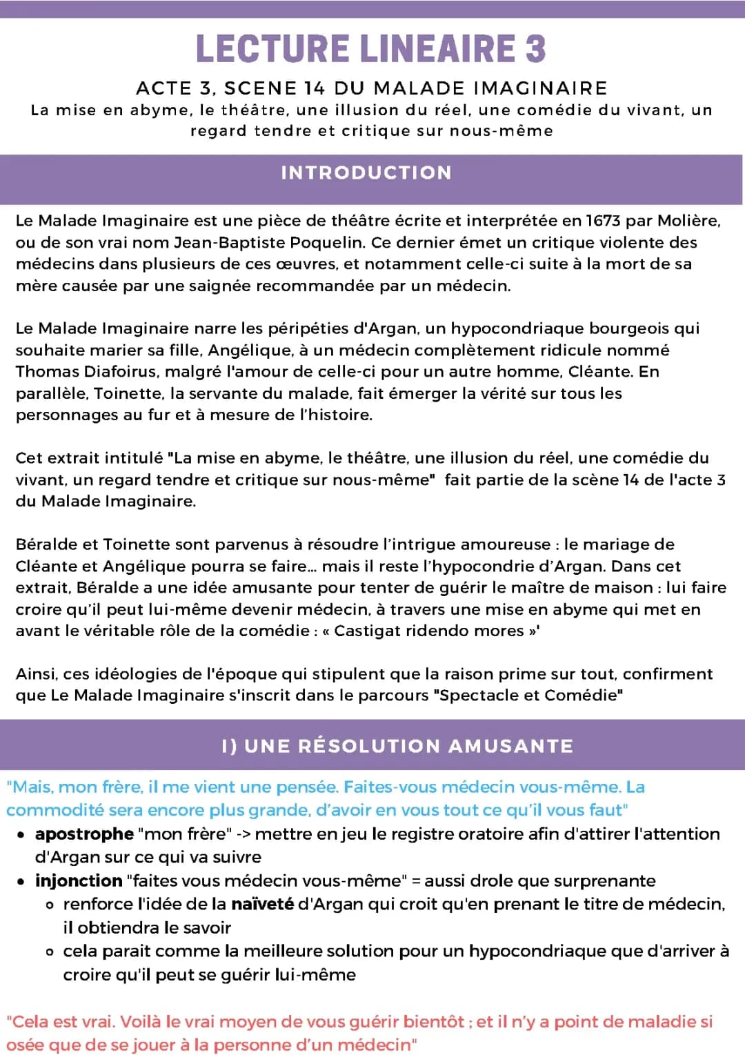 Analyse linéaire Acte 3 Scène 14 Le Malade Imaginaire - PDF et Résumé