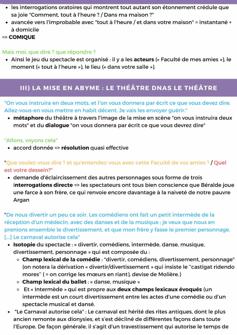 LECTURE LINEAIRE 3
ACTE 3, SCENE 14 DU MALADE IMAGINAIRE
La mise en abyme, le théâtre, une illusion du réel, une comédie du vivant, un
regar