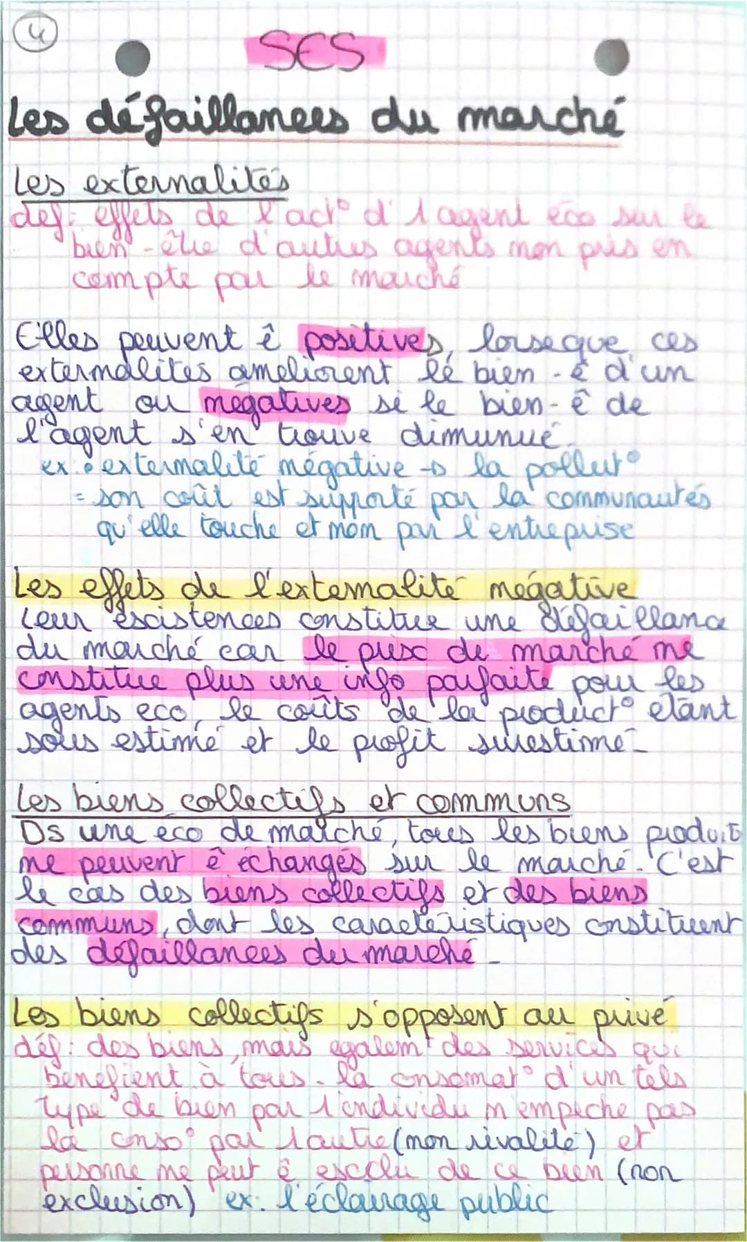 SES
les défaillances du marché
les externalités
def: effets de l'act° d' l'agent eco sur le
bien-être d'autres agents non près on
compte par