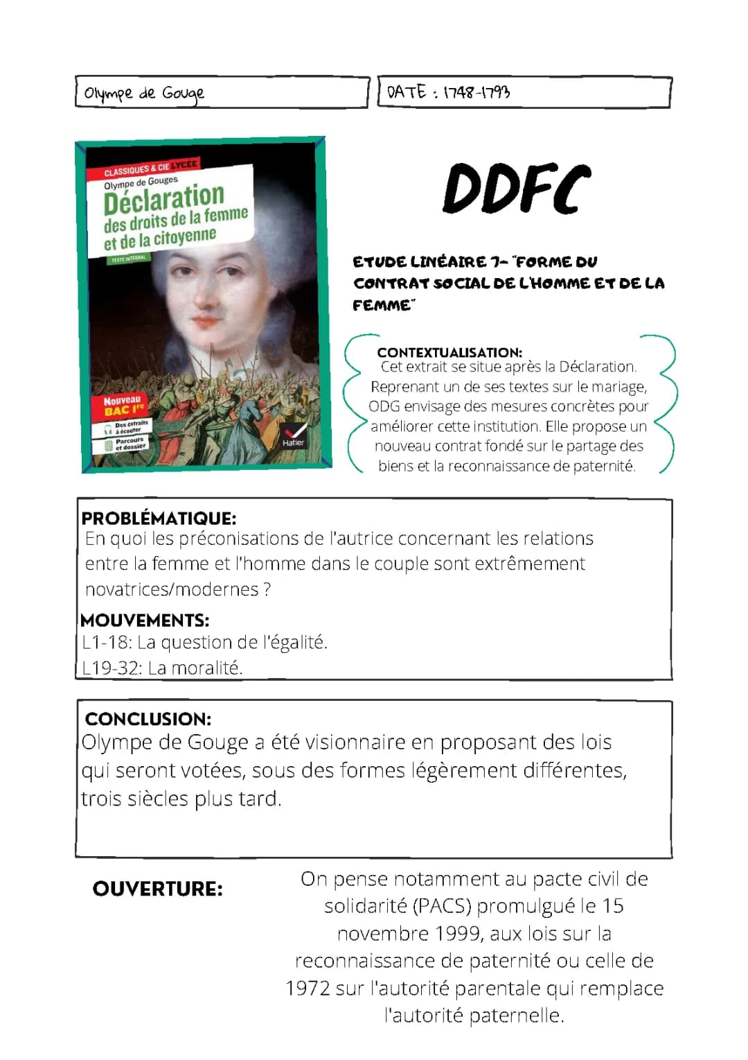 Fiche de lecture Déclaration des droits de la femme et de la citoyenne PDF : Analyse linéaire du texte d'Olympe de Gouges