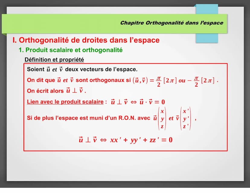 Orthogonalité dans
l'espace Chapitre Orthogonalité dans l'espace
I. Orthogonalité de droites dans l'espace
1. Produit scalaire et orthogonal