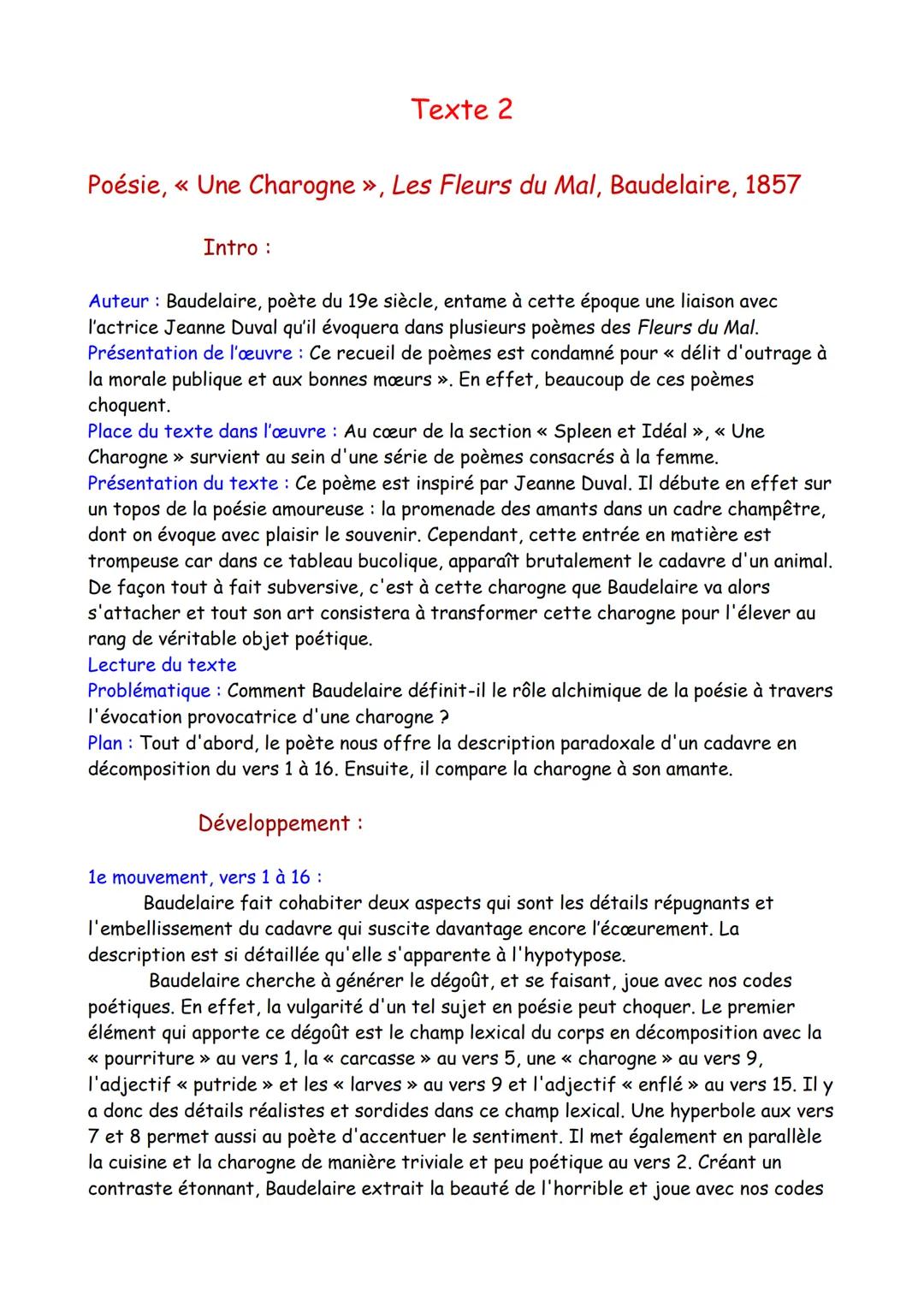 Texte 2

Poésie, << Une Charogne », Les Fleurs du Mal, Baudelaire, 1857

Intro:

Auteur: Baudelaire, poète du 19e siècle, entame à cette épo