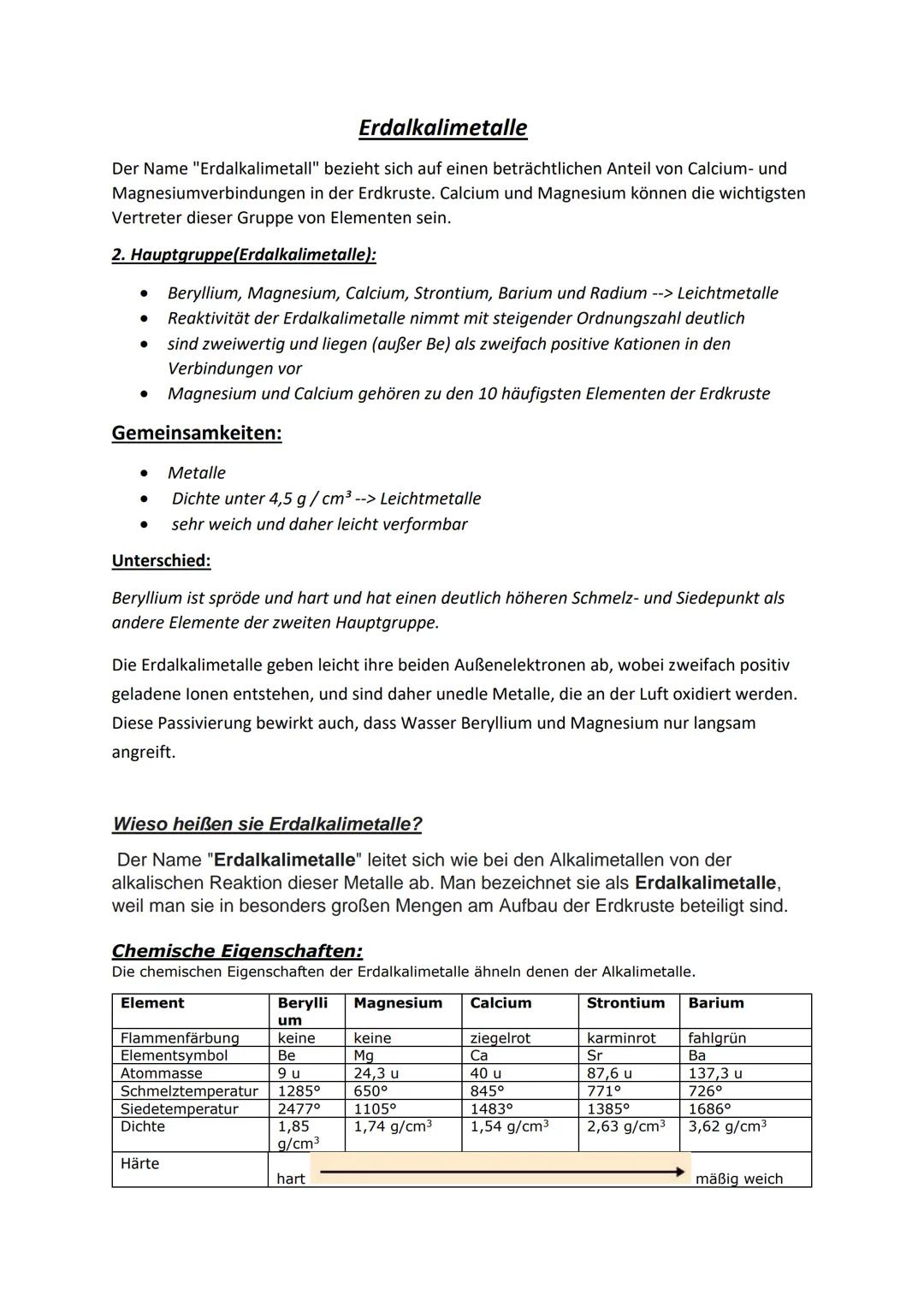 # Erdalkalimetalle

Der Name "Erdalkalimetall" bezieht sich auf einen beträchtlichen Anteil von Calcium- und
Magnesiumverbindungen in der Er