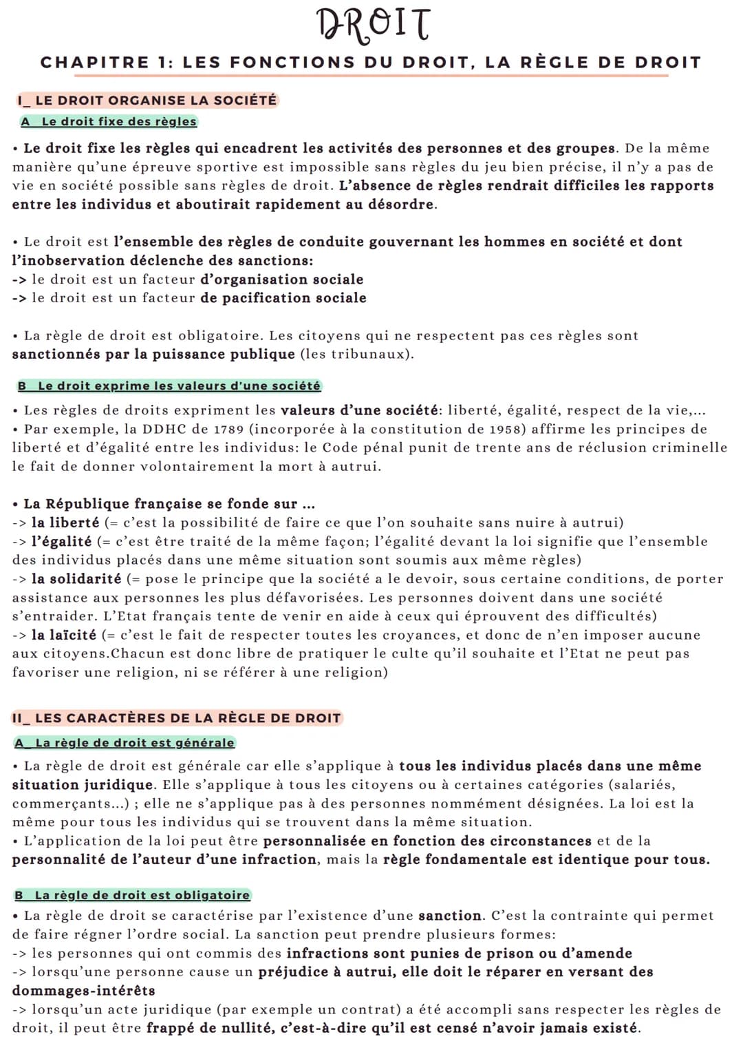 DROIT
CHAPITRE 1: LES FONCTIONS DU DROIT, LA RÈGLE DE DROIT
I LE DROIT ORGANISE LA SOCIÉTÉ
A Le droit fixe des règles
• Le droit fixe les rè