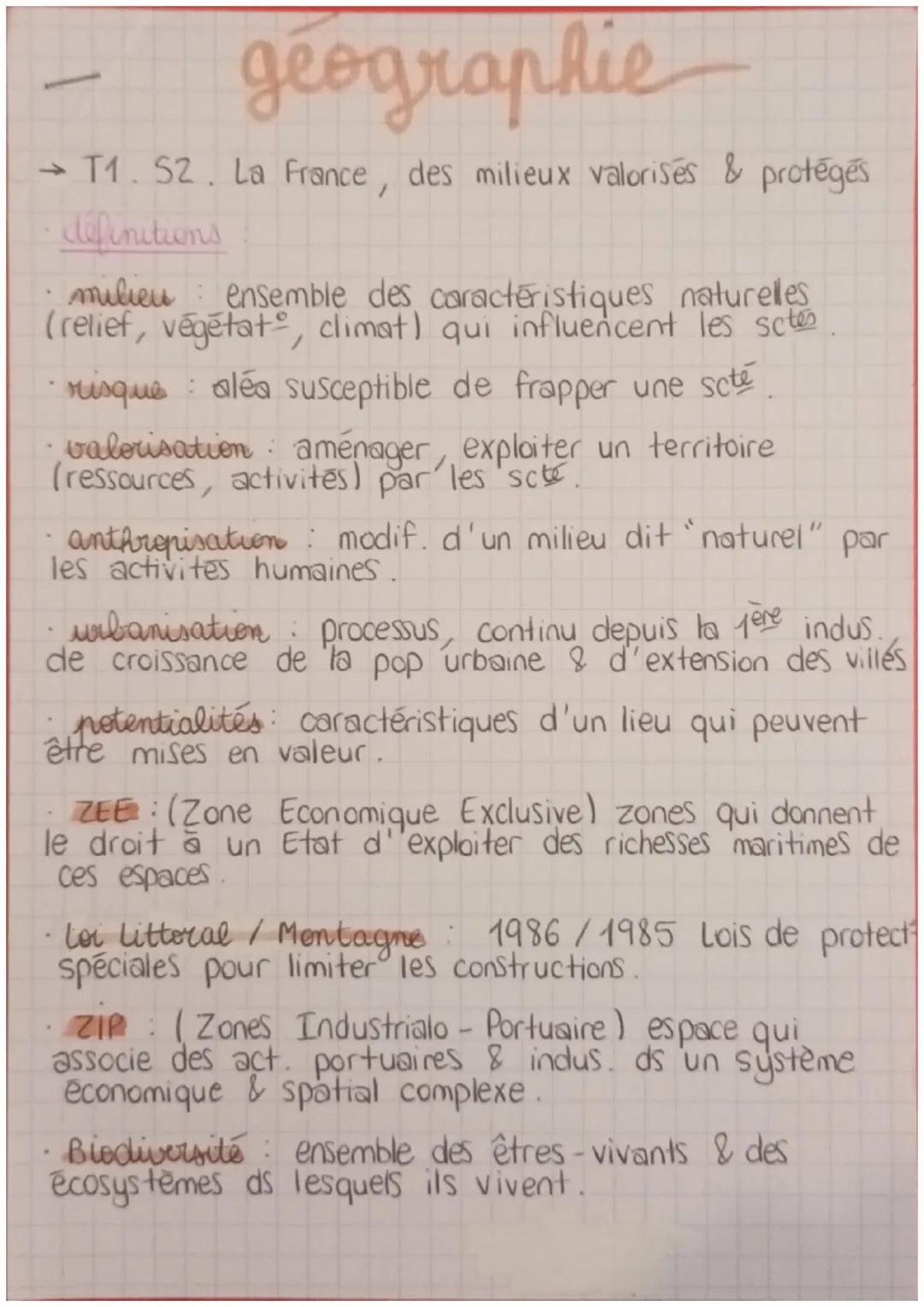 # géographie

→ T1. 52. La France, des milieux valorisés & protégés

définitions

- milieu ensemble des caractéristiques naturelles
(relief,