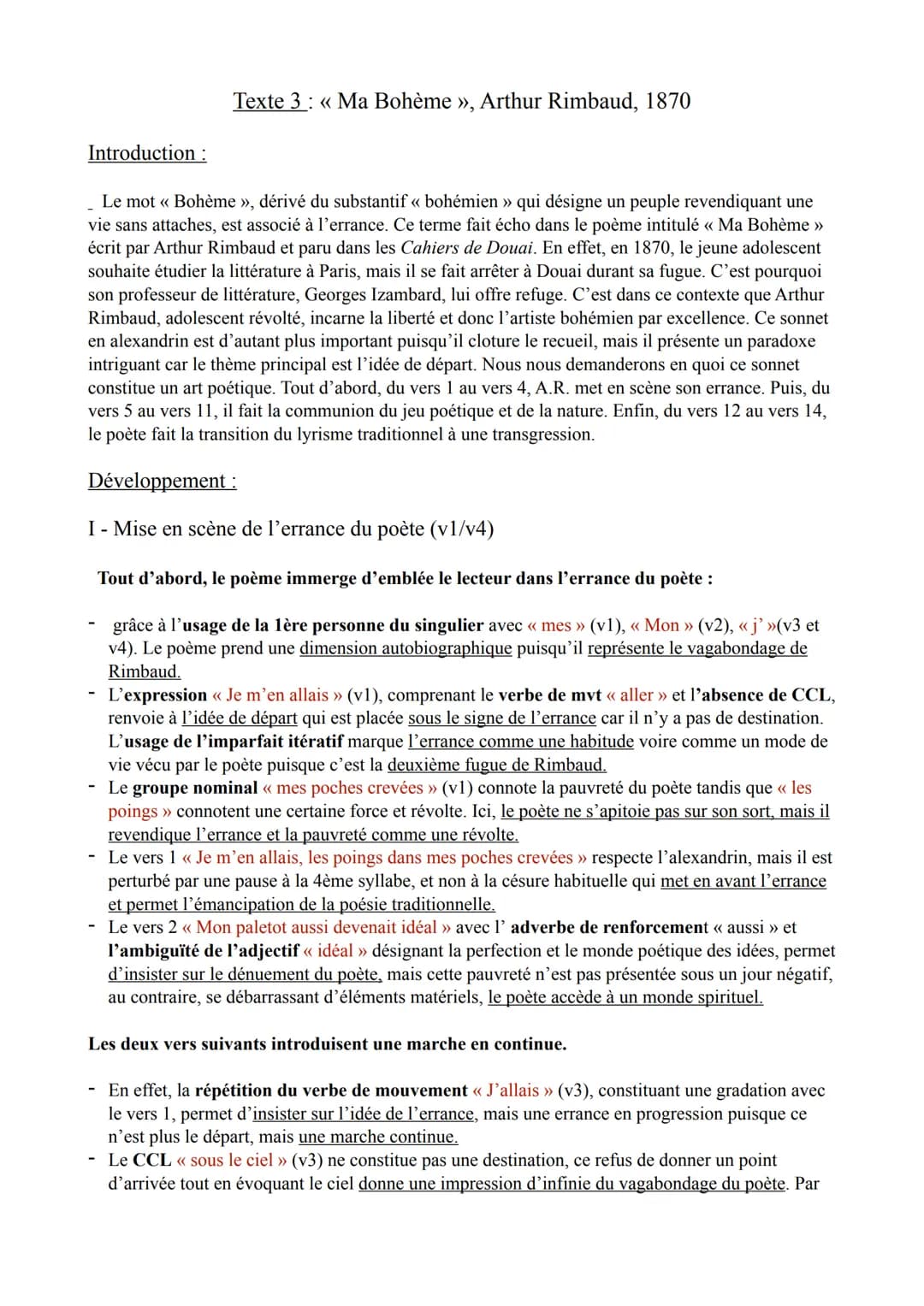 Introduction:
Texte 3: << Ma Bohème », Arthur Rimbaud, 1870
Le mot << Bohème », dérivé du substantif «< bohémien » qui désigne un peuple rev
